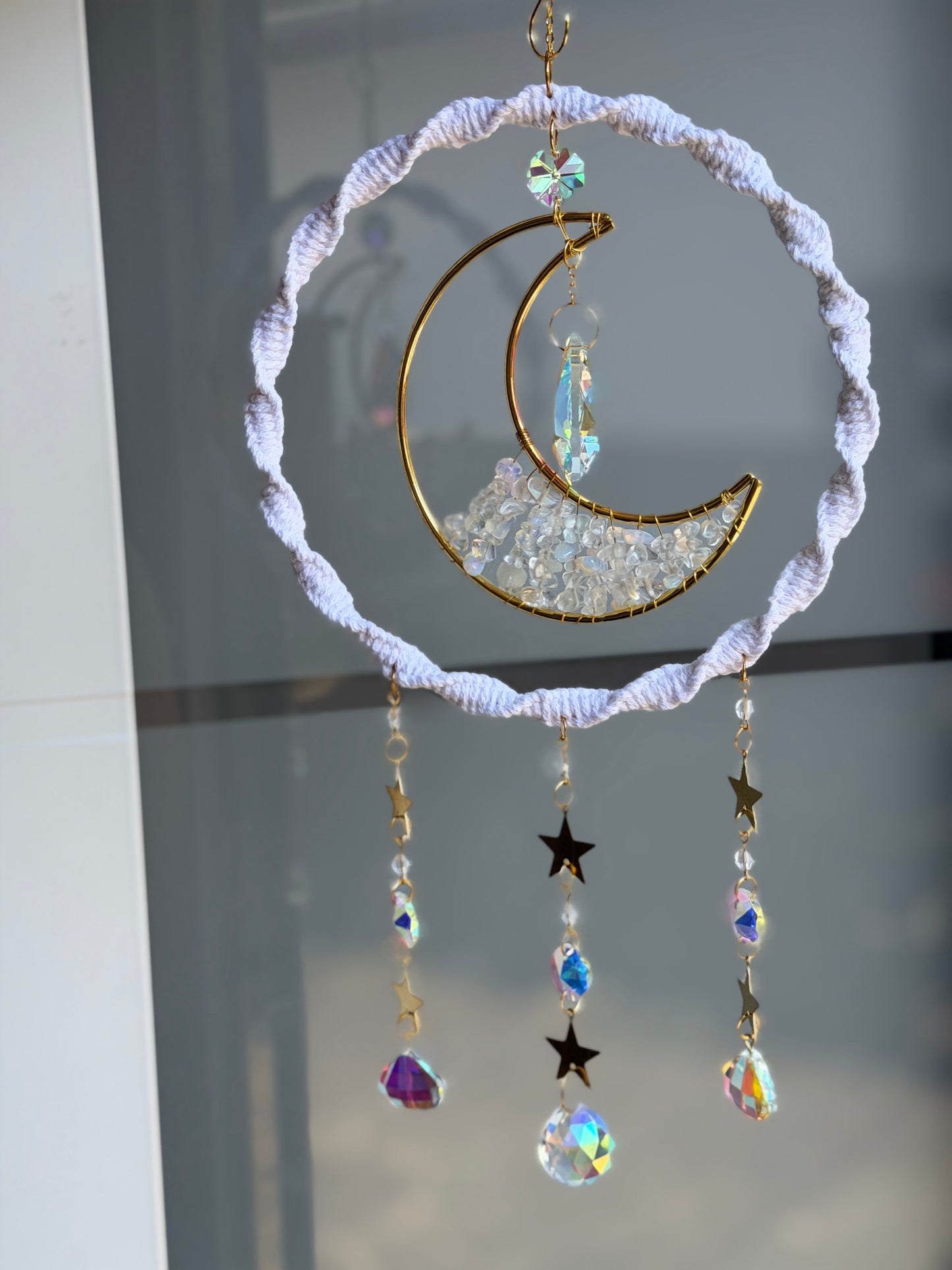 Sofortkauf Ring Mond Weiß Steine GOLD Sonnenfänger | Sonnencatcher Makramee
