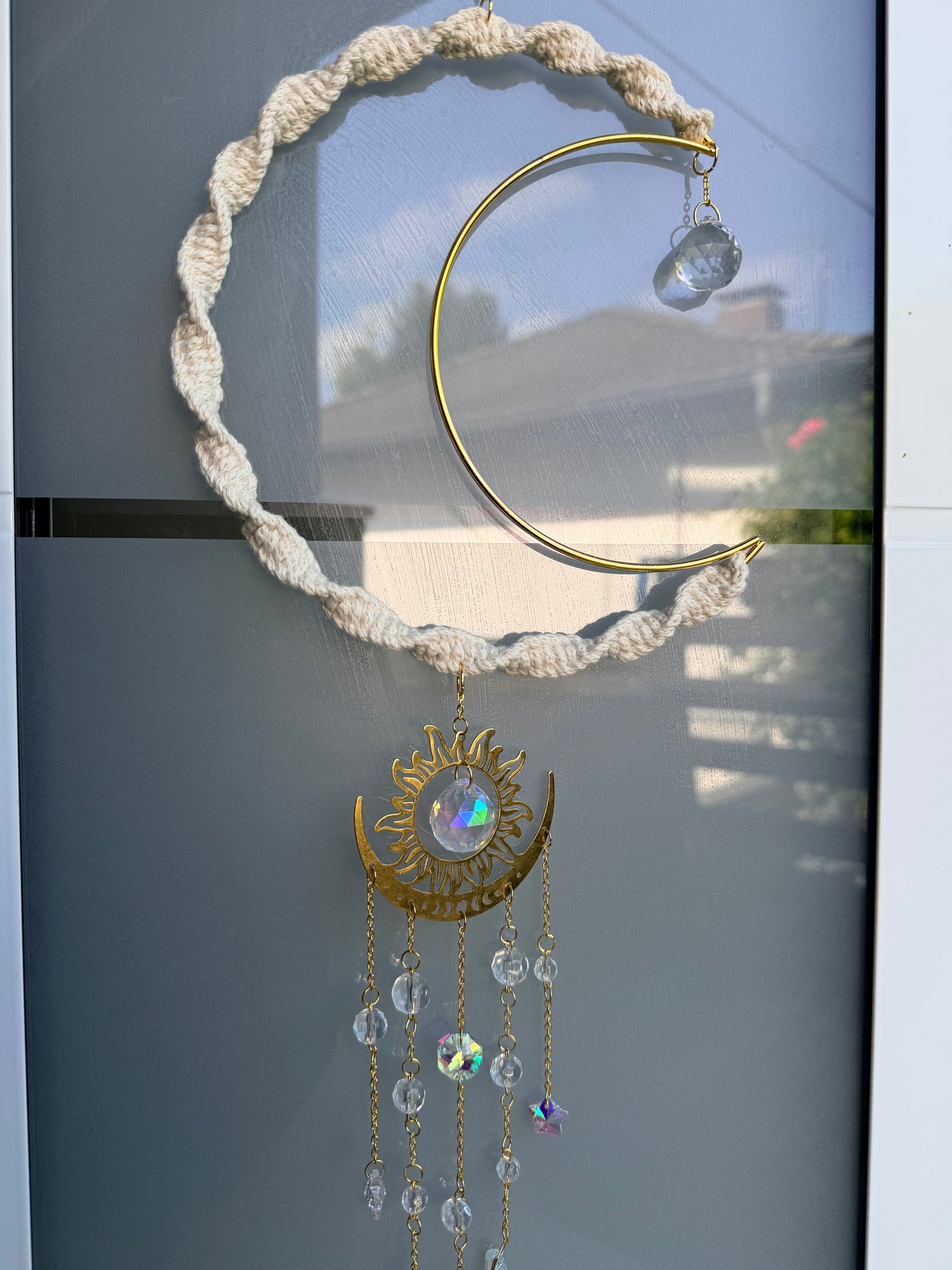 Sofortkauf Mond Beige - Steine | Gold Suncatcher Makramee | sehendes Auge