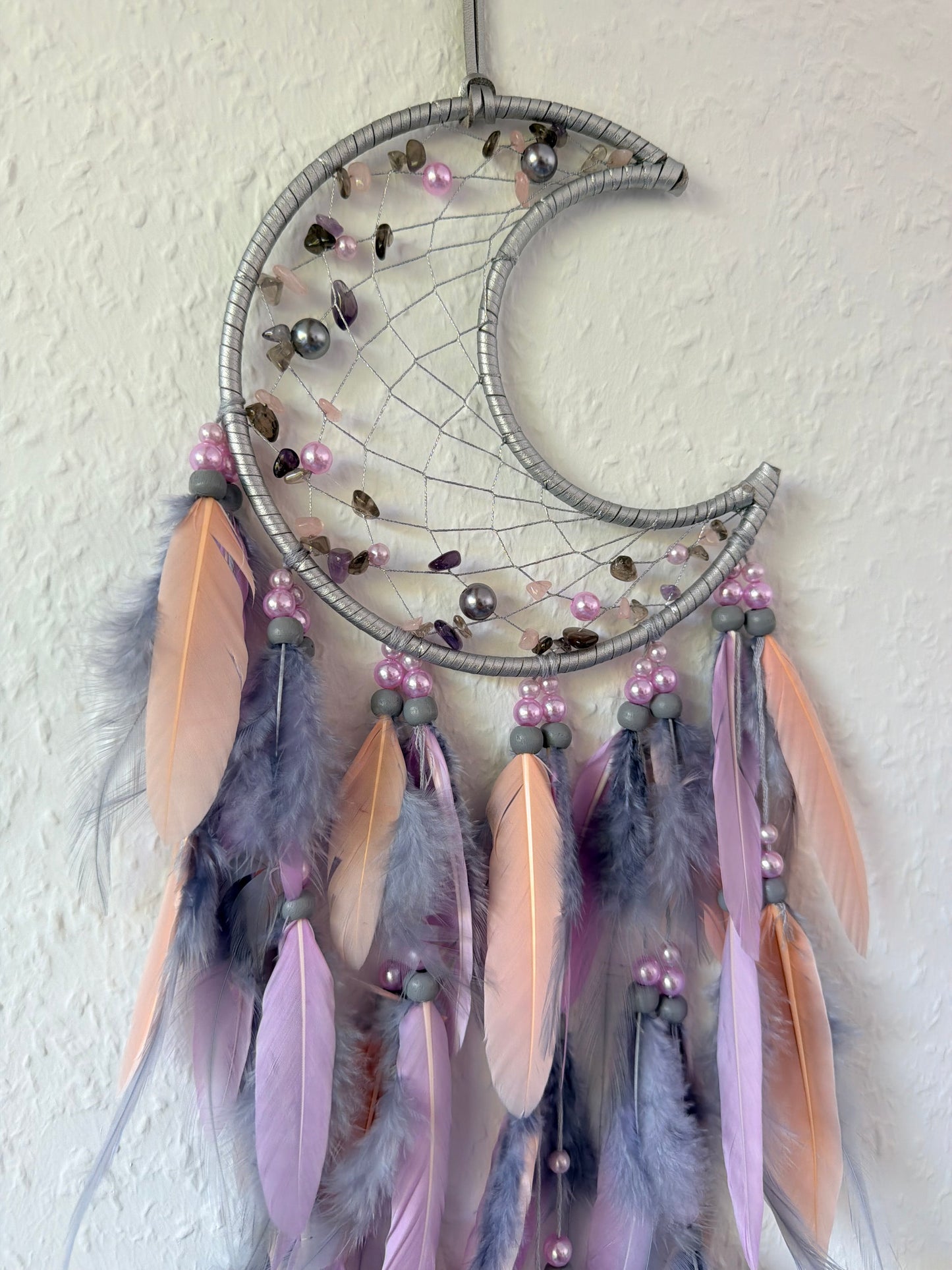 Sofortkauf Boho Mond Traumfänger Federn | Grau | Rosa | Pastell | Lebensbaum | Wandbehang