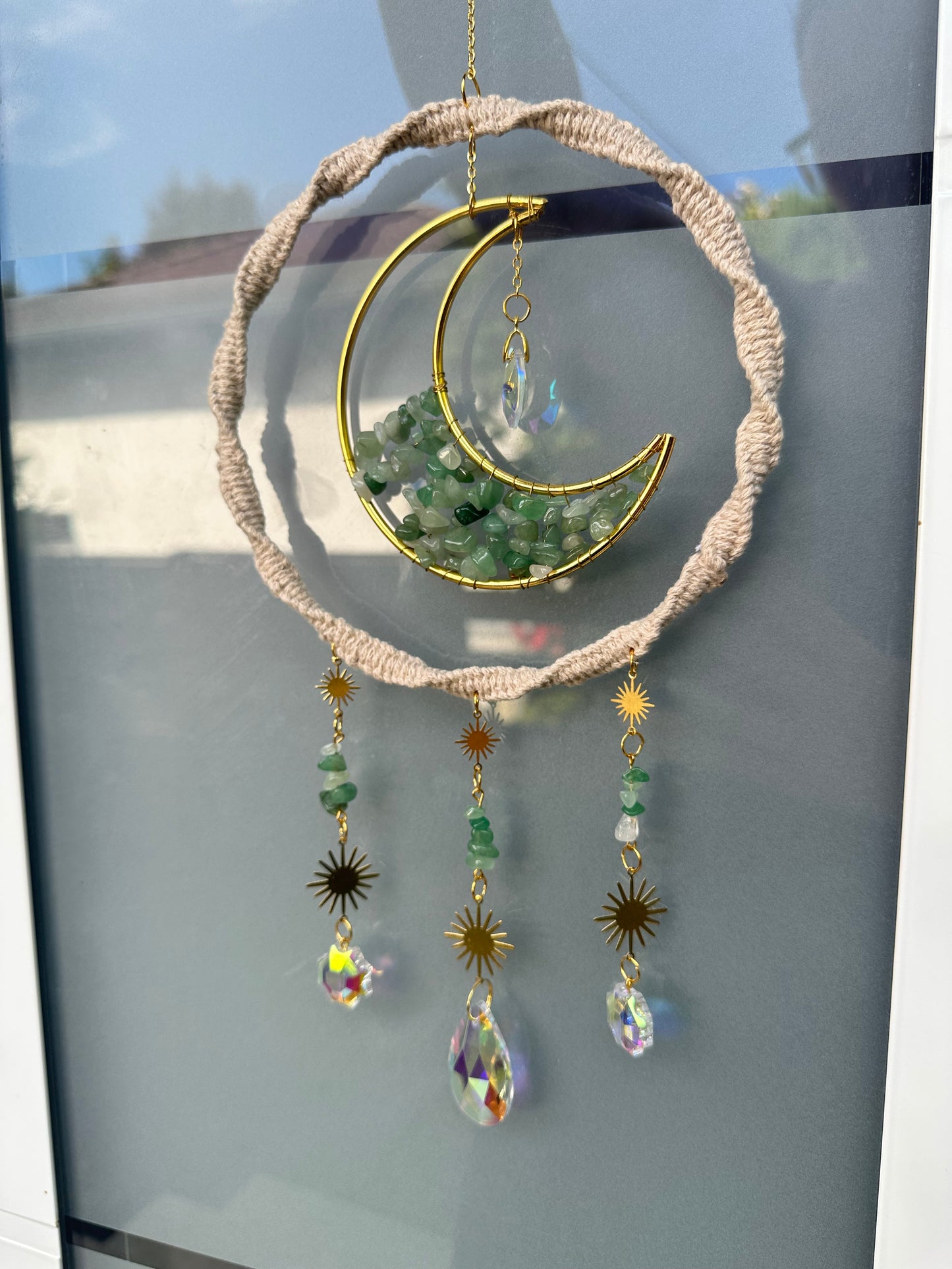 Sofortkauf Ring Mond Grün Steine GOLD Sonnenfänger | Sonnencatcher Makramee