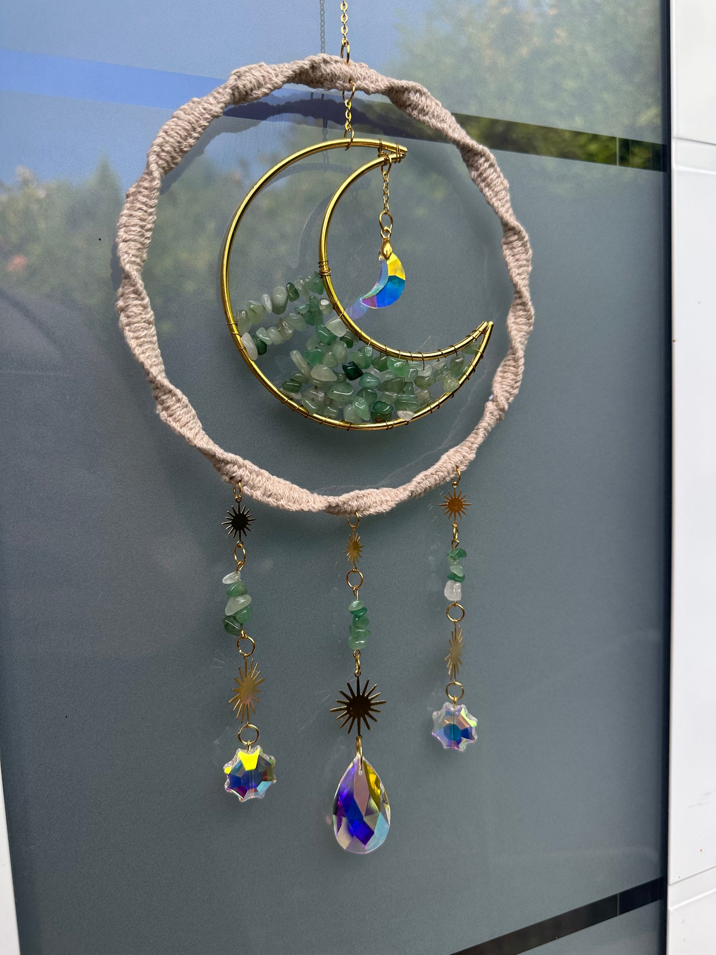 Sofortkauf Ring Mond Grün Steine GOLD Sonnenfänger | Sonnencatcher Makramee