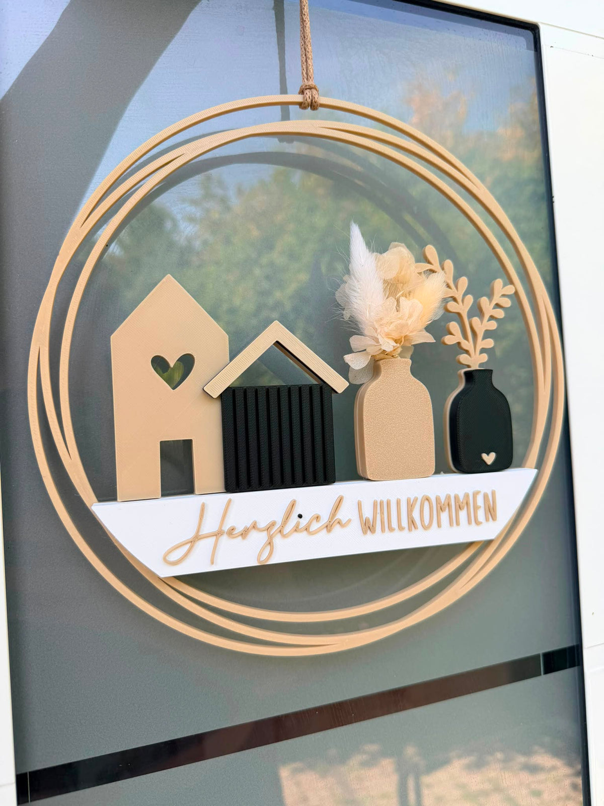 SOFORTKAUF Herzlich Willkommen BEIGE| Moderner Dekokranz mit Trockenblumen | hochwertig gefertigt aus PLA |Türkranz