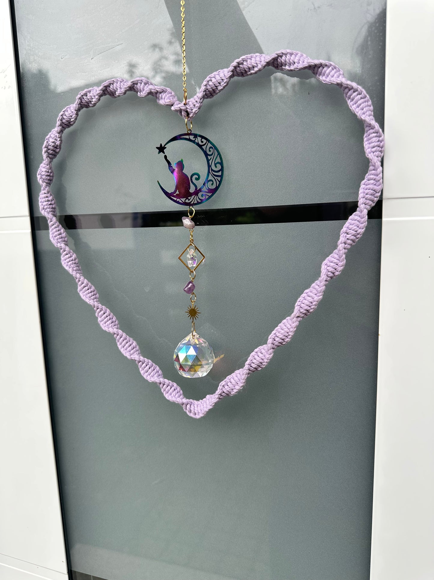 Sofortkauf Sonnenspiel Flieder HERZ KATZE|Gold Suncatcher Makramee