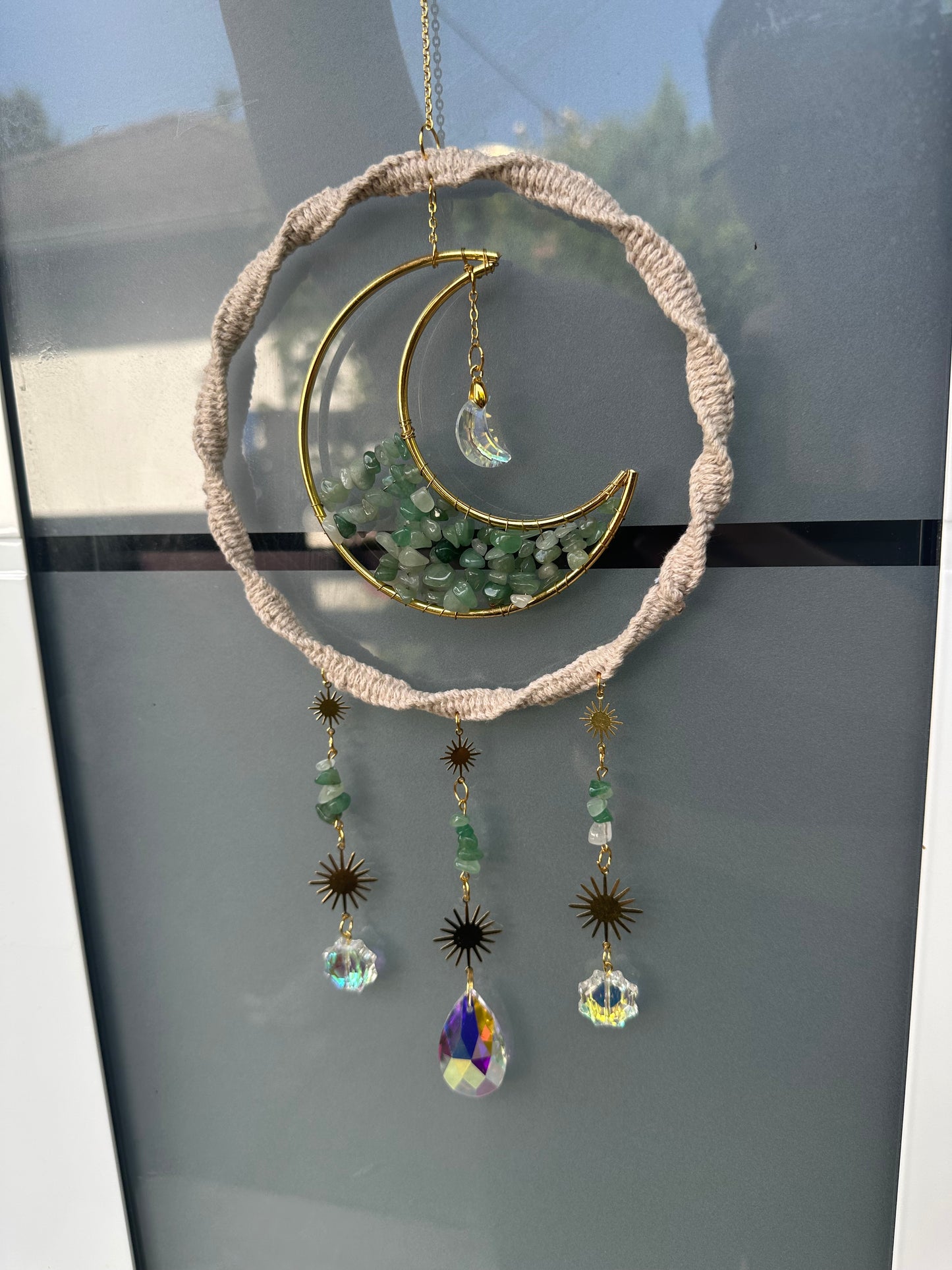 Sofortkauf Ring Mond Grün Steine GOLD Sonnenfänger | Sonnencatcher Makramee