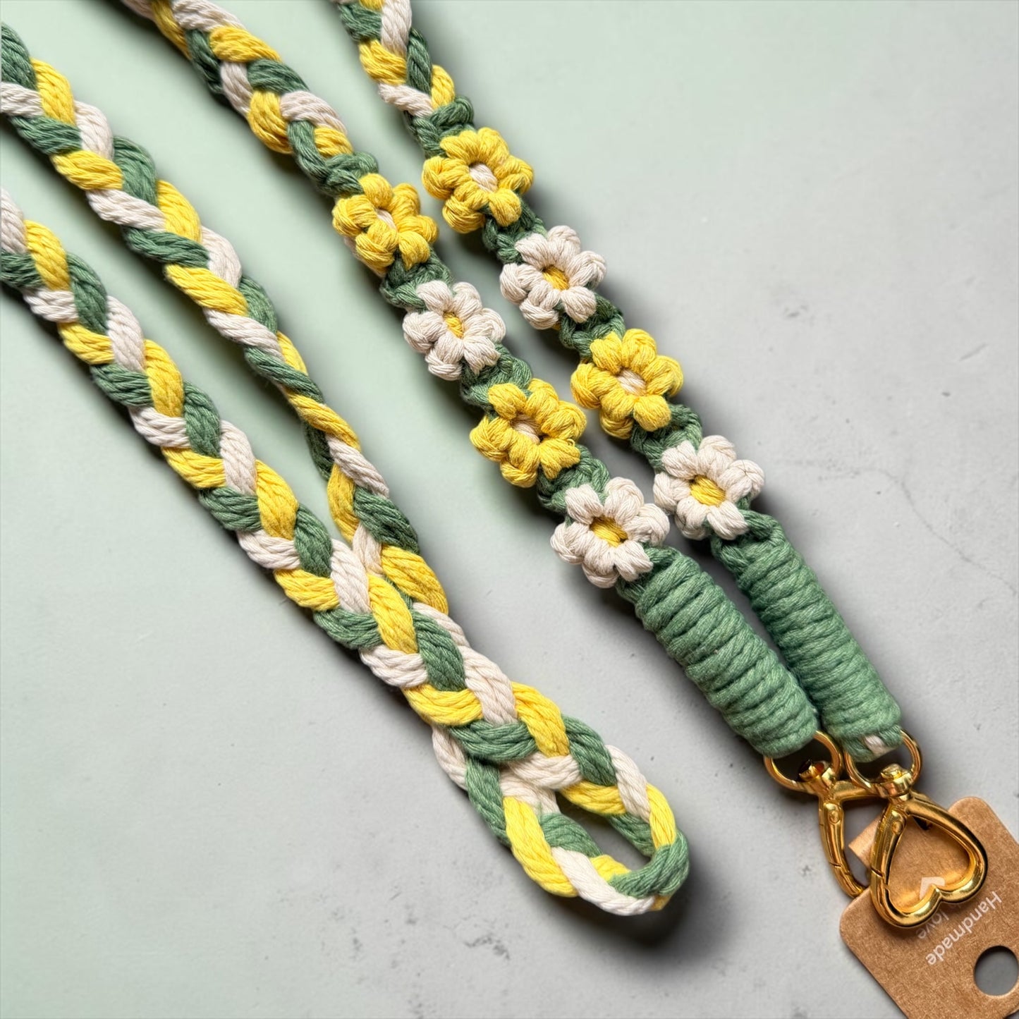 SOFORTKAUF Handykette Grün-Gelb-Beige 150cm Blumen - GEFLOCHTEN | Schlüsselkette