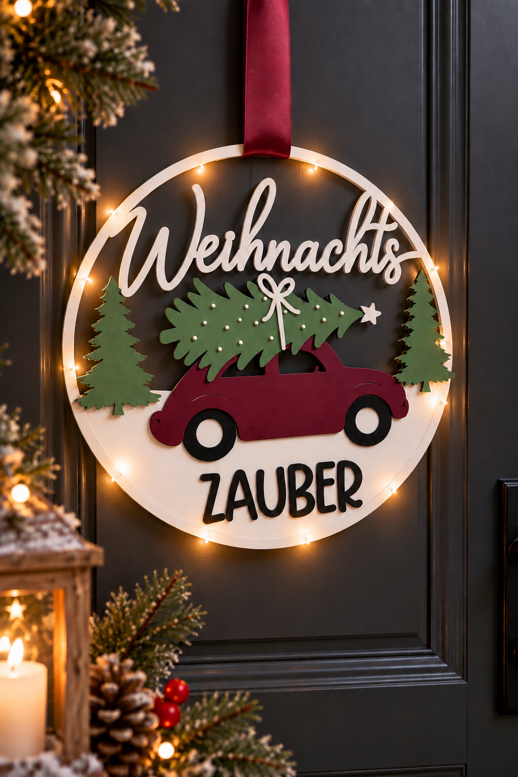 Weihnachtszauber Türkranz MEHRFARBIG | 3D Weihnachtsdeko | Türkranz Weihnachten | Farbwahl | Ø 22 cm | optional mit LED-Lichterkette