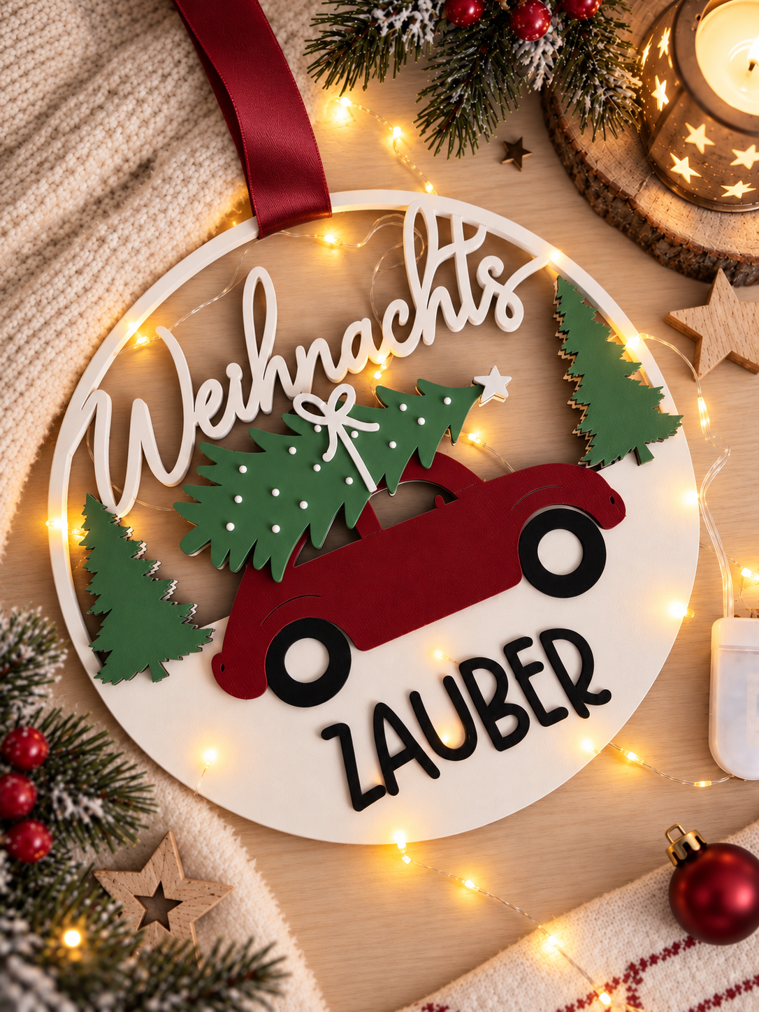 Weihnachtszauber Türkranz MEHRFARBIG | 3D Weihnachtsdeko | Türkranz Weihnachten | Farbwahl | Ø 22 cm | optional mit LED-Lichterkette