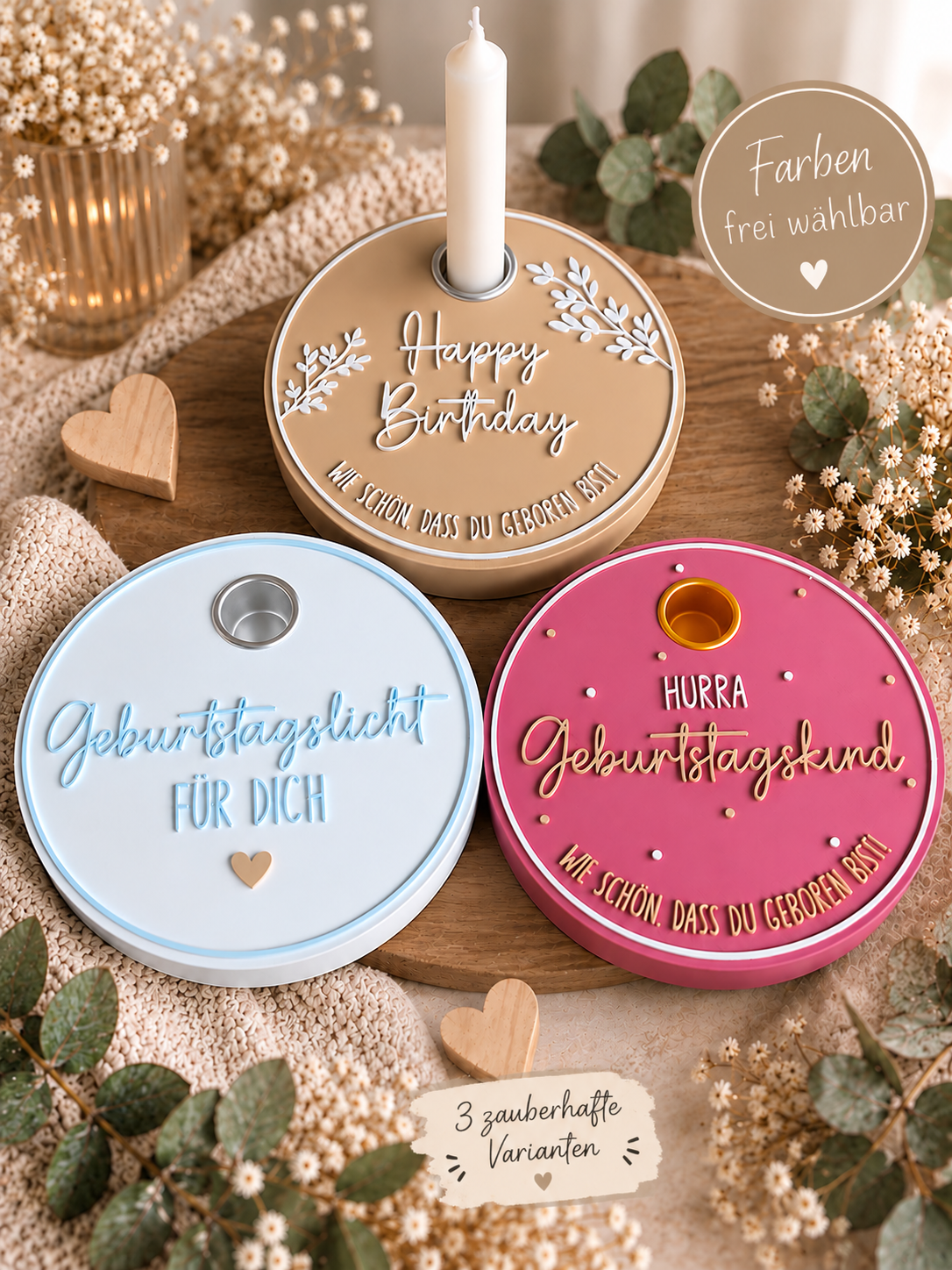 Geburtstagsteller mit Kerzenhalter | Geburtstagslicht | 3 Designs | Farben frei wählbar | Geburtstagsdeko