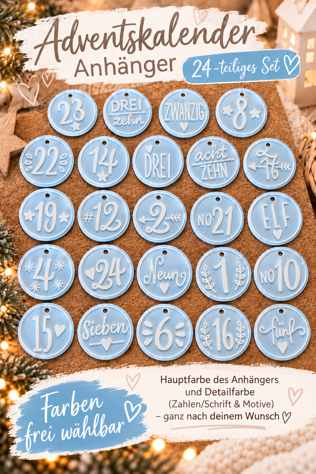 Adventskalender Anhänger 1–24 | 24-teiliges Set | Adventskalenderzahlen | 3D-Druck | Farben frei wählbar | DIY Adventskalender