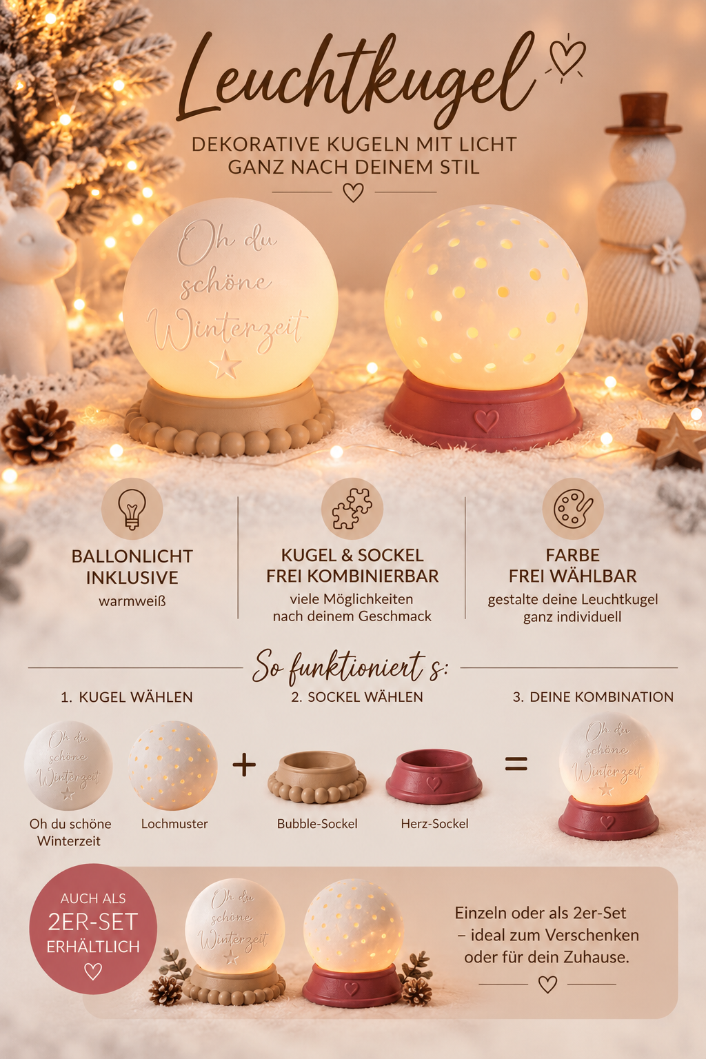 ❄️ Leucht-Schneekugel – „O du schöne Weihnachtszeit“ & Lochmuster - inkl. Ballonlicht | 2er Set verfügbar