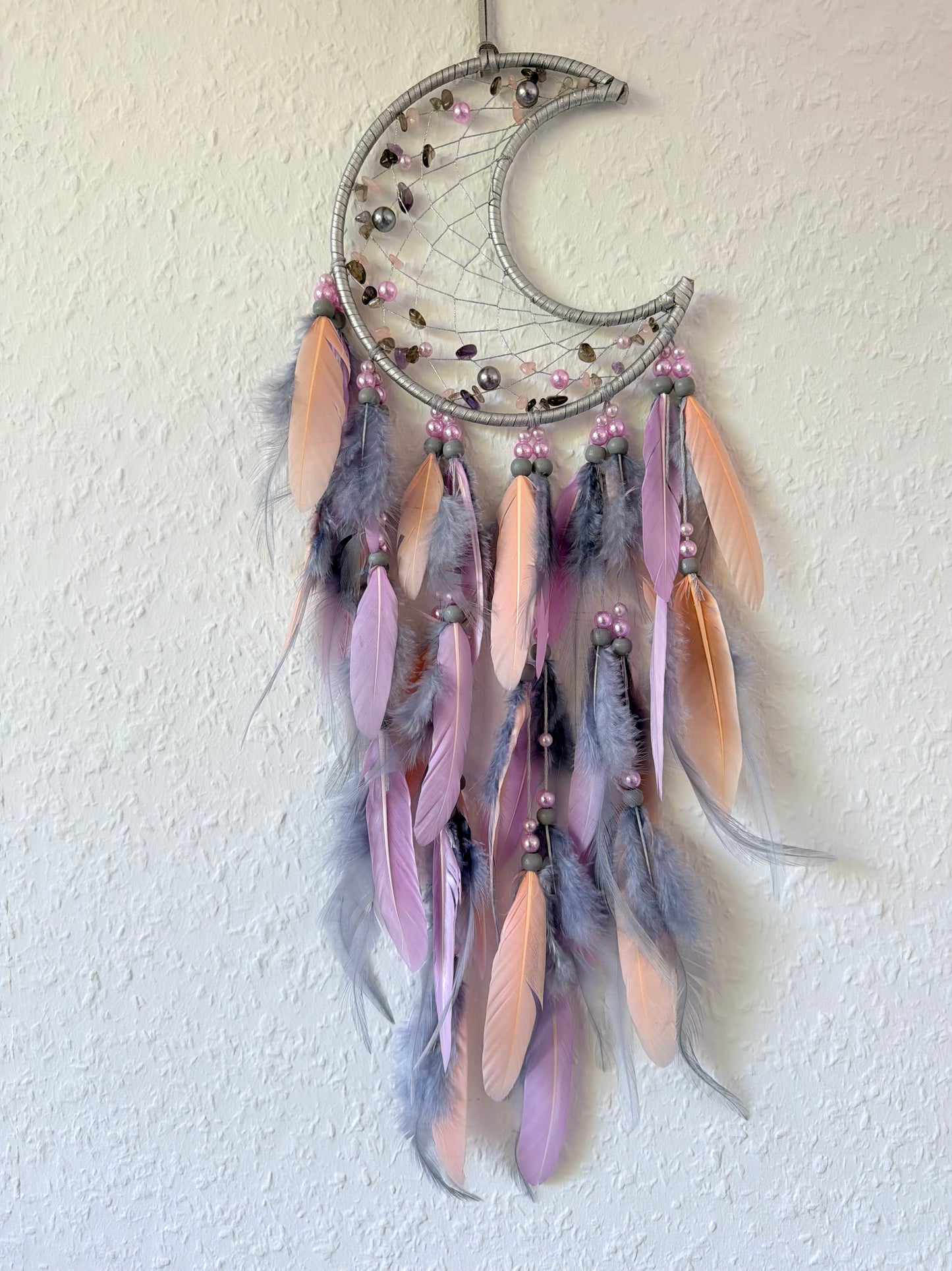 Sofortkauf Boho Mond Traumfänger Federn | Grau | Rosa | Pastell | Lebensbaum | Wandbehang