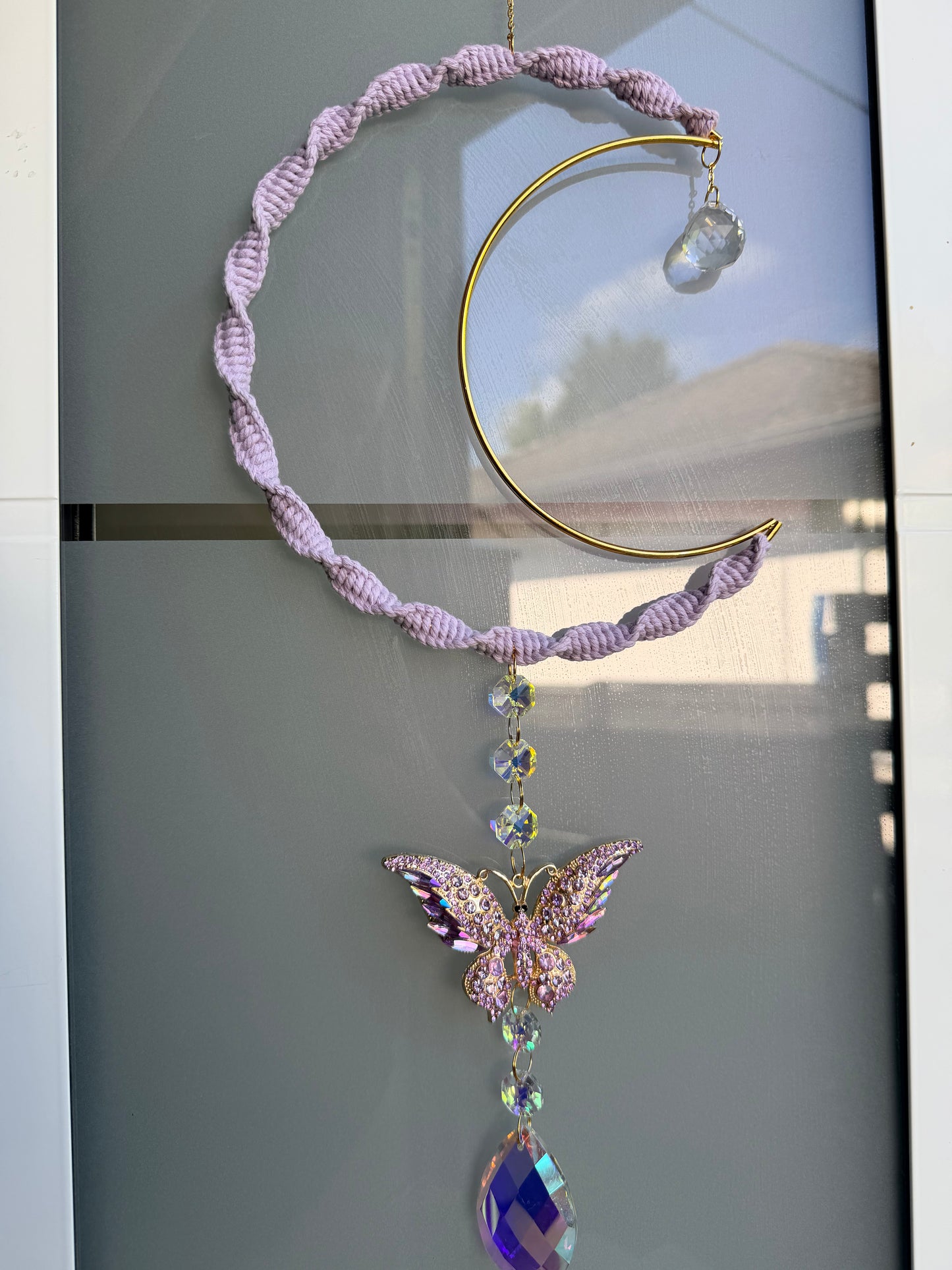 Sofortkauf Mond Flieder - Steine | Gold Suncatcher Makramee | Schmetterling