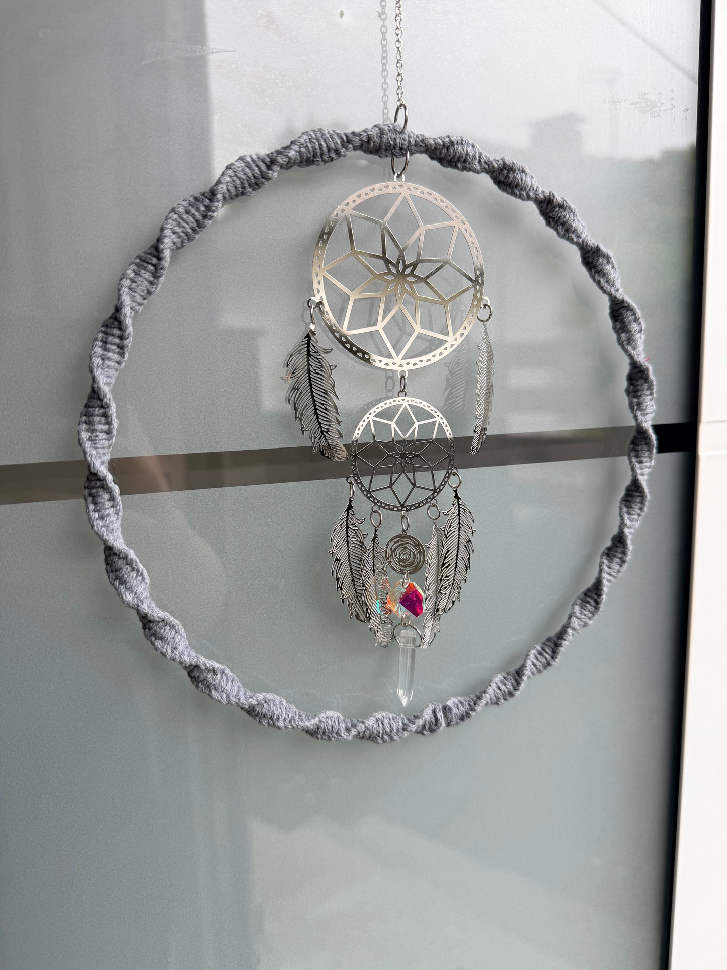 Sofortkauf Silber Traumfänger | Großer Ring Grau | Sonnenfänger | Sonnencatcher Makramee