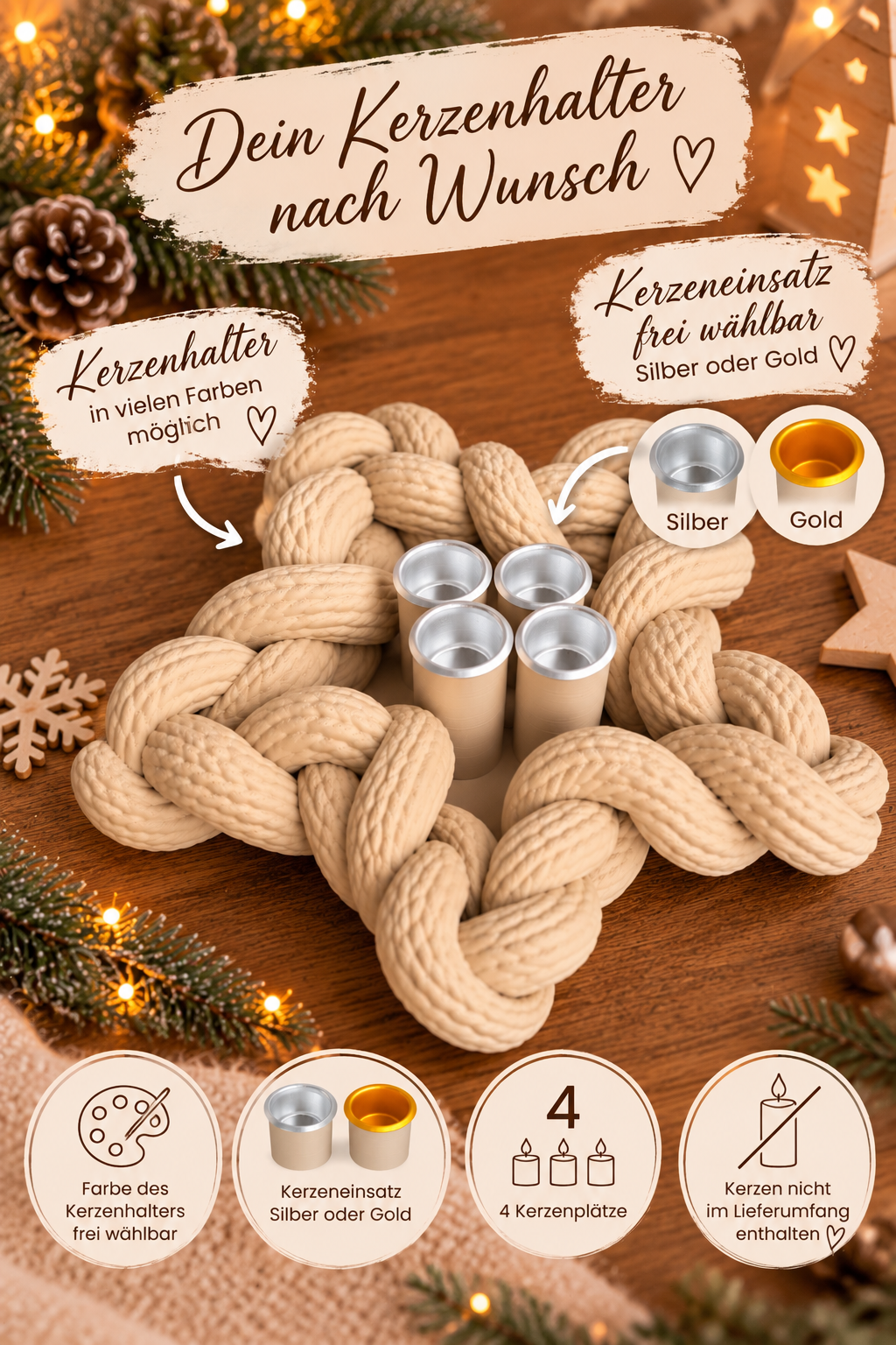 Sternkranz Adventskranz 3D Druck | Kerzenhalter für 4 Kerzen | Wunschfarbe | Kerzeneinsatz Silber oder Gold | Weihnachtsdeko | Scandi