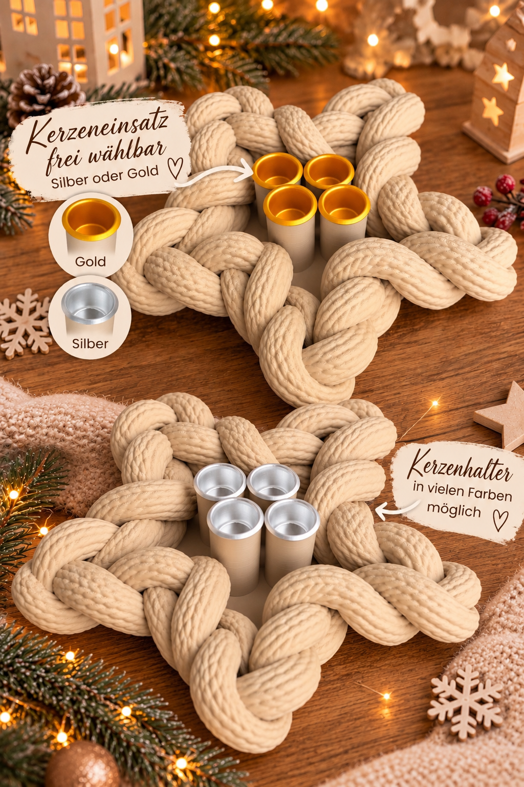 Sternkranz Adventskranz 3D Druck | Kerzenhalter für 4 Kerzen | Wunschfarbe | Kerzeneinsatz Silber oder Gold | Weihnachtsdeko | Scandi