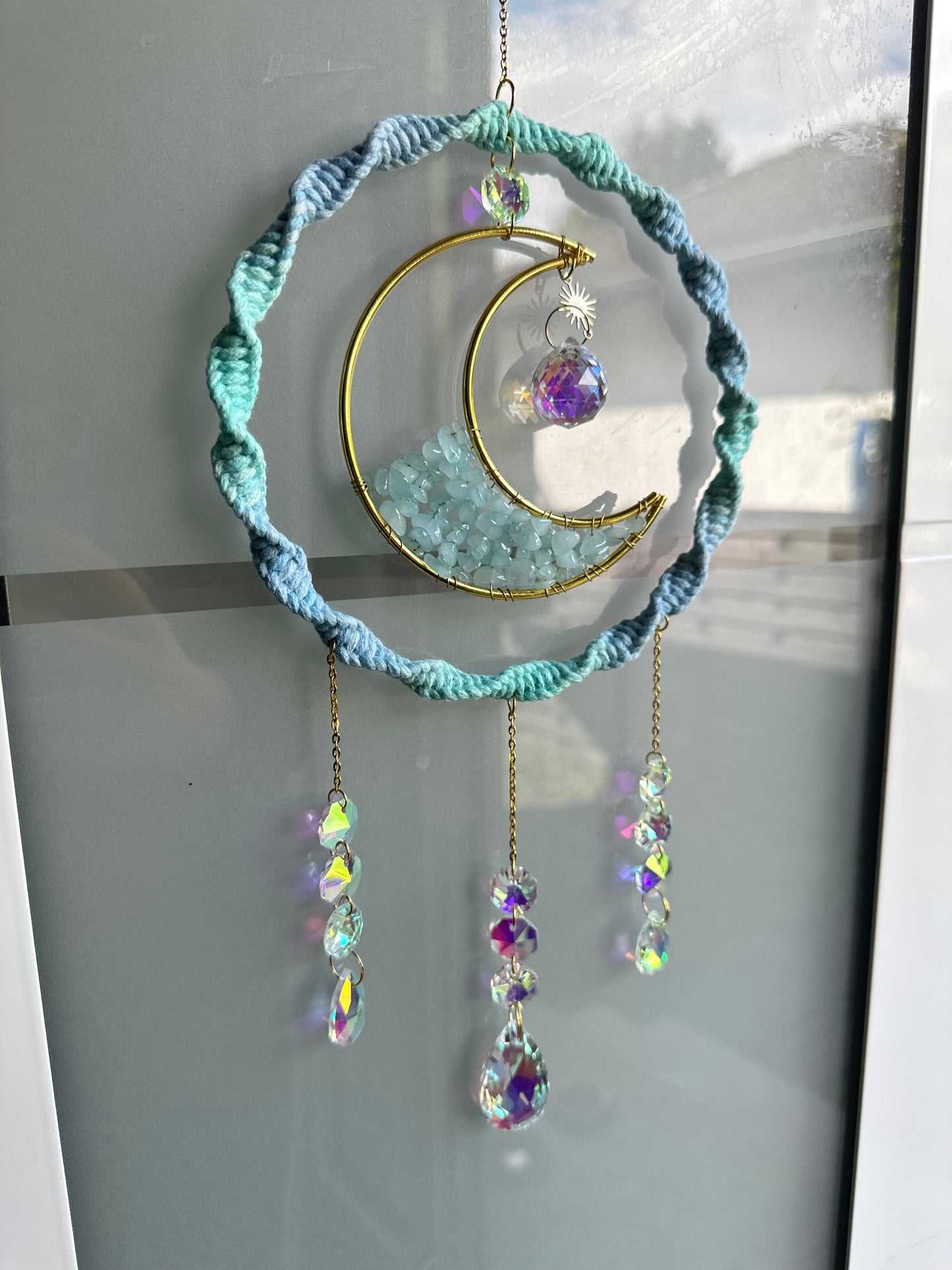 Sofortkauf Ring Mond Farbverlauf Blau Steine GOLD Sonnenfänger | Sonnencatcher Makramee