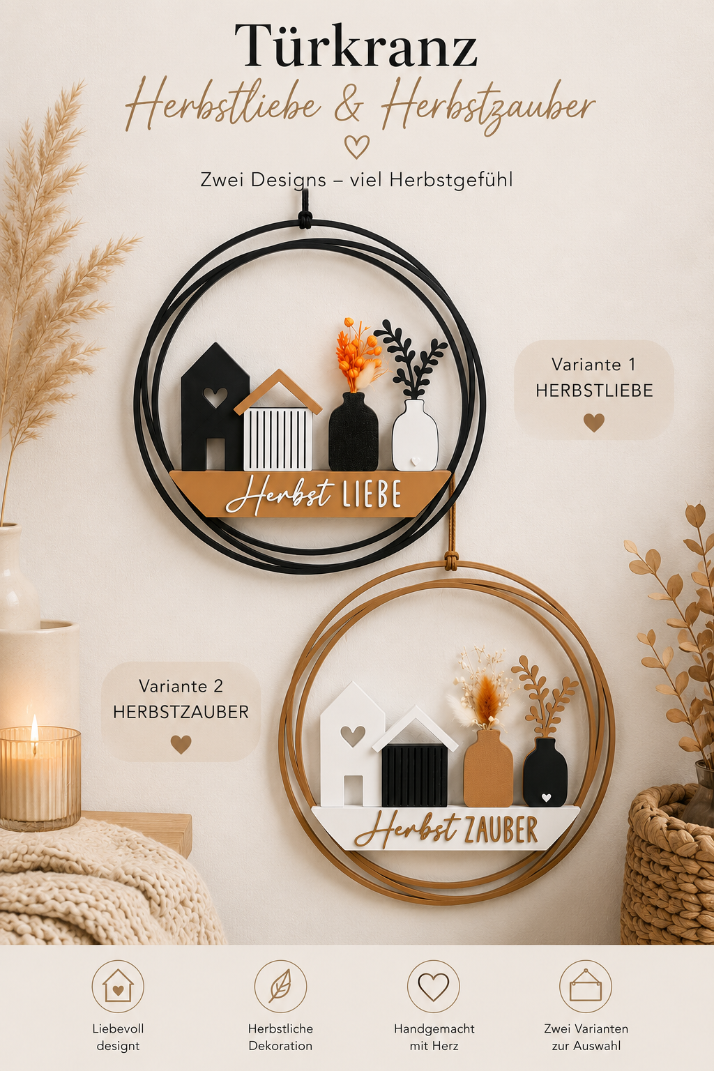 Herbst Liebe / Herbst Zauber | Moderner Dekokranz mit Trockenblumen | hochwertig gefertigt aus PLA |Türkranz