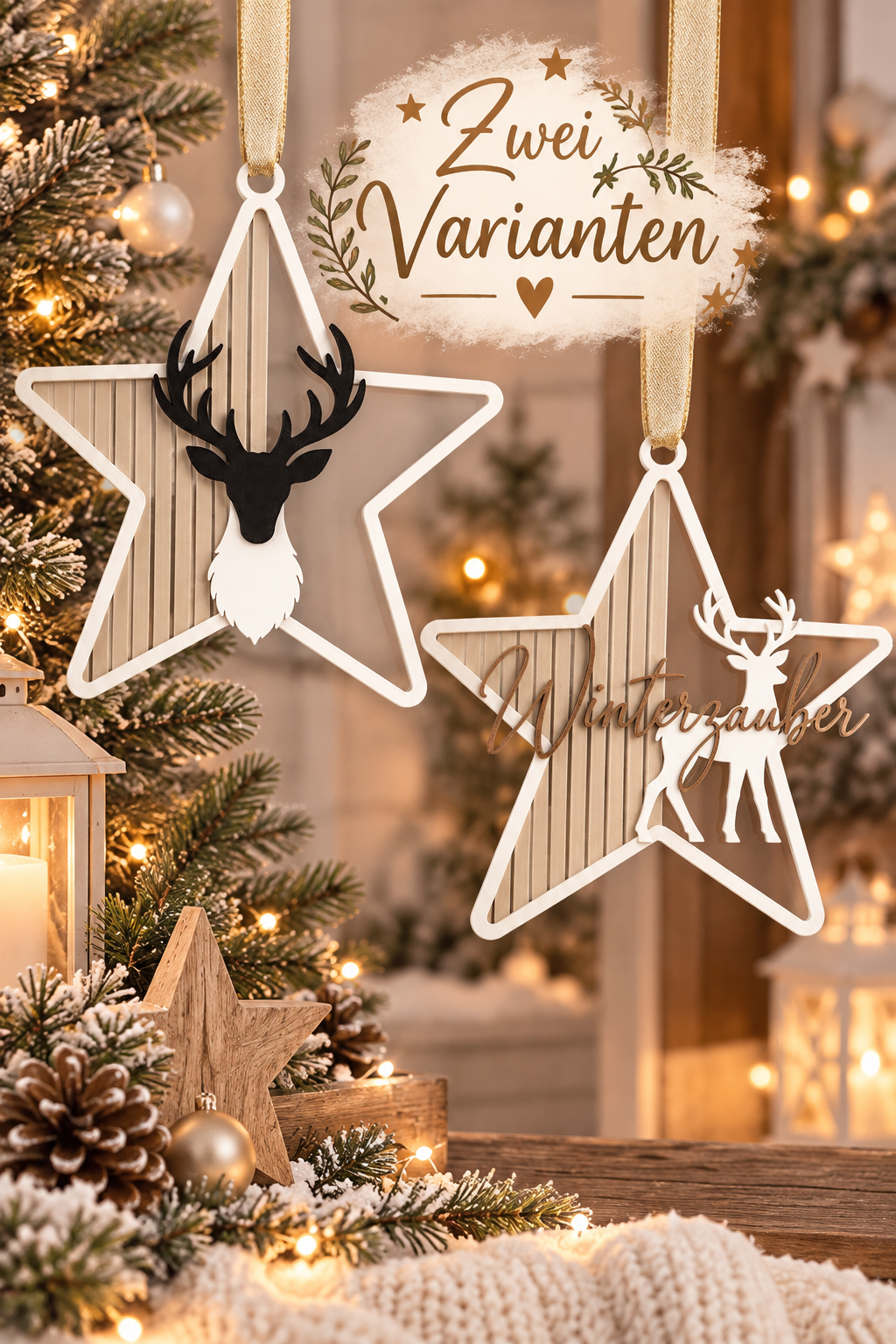 Sternenkranz Weihnachten | Winterzauber & Hirsch | Weihnachtsdeko zum Aufhängen | 3D Druck | Farben frei wählbar