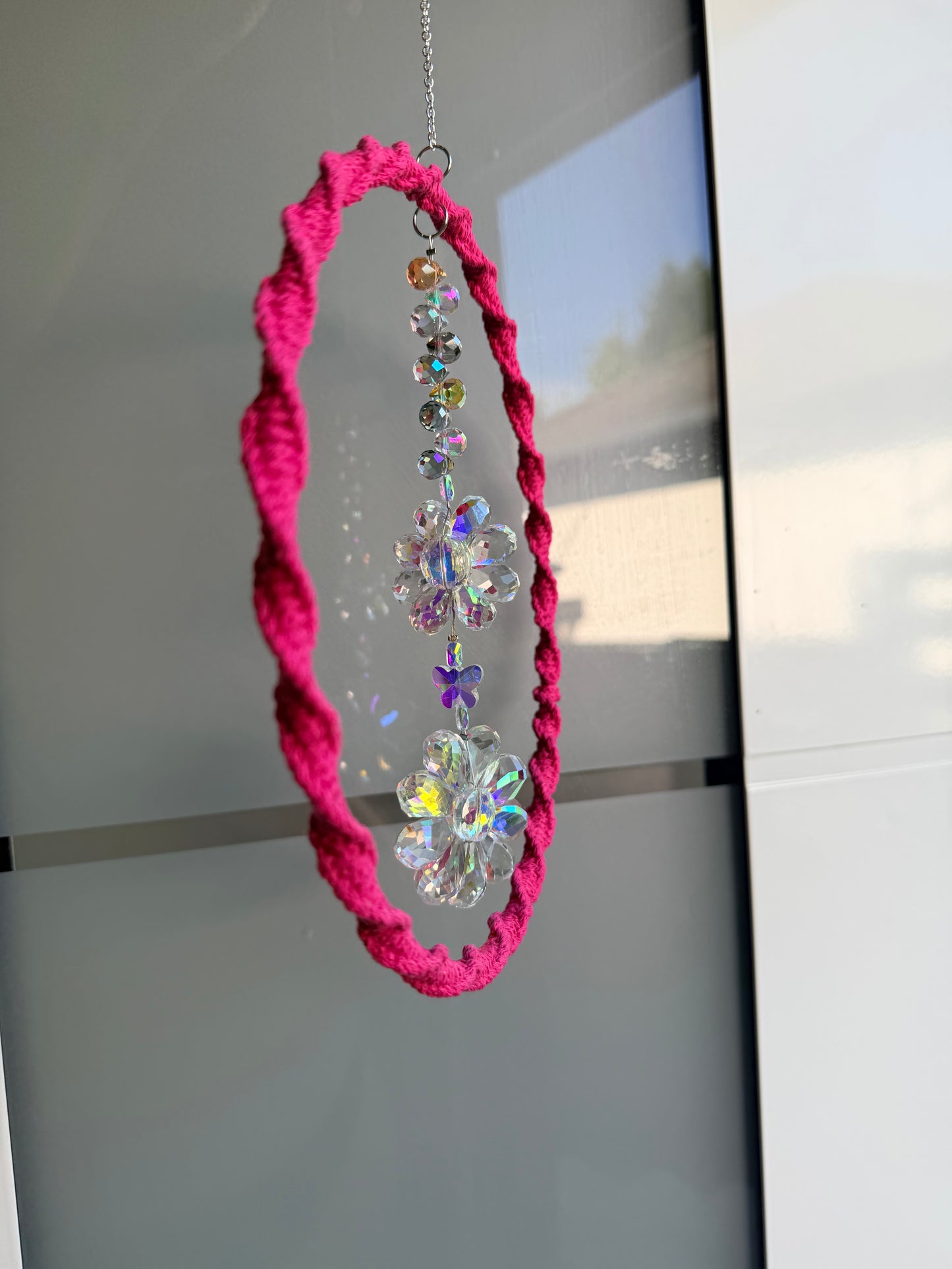 Sofortkauf Blume / Schmetterling Sonnenfänger | PINK Silber / Großer Ring | Sonnencatcher Makramee