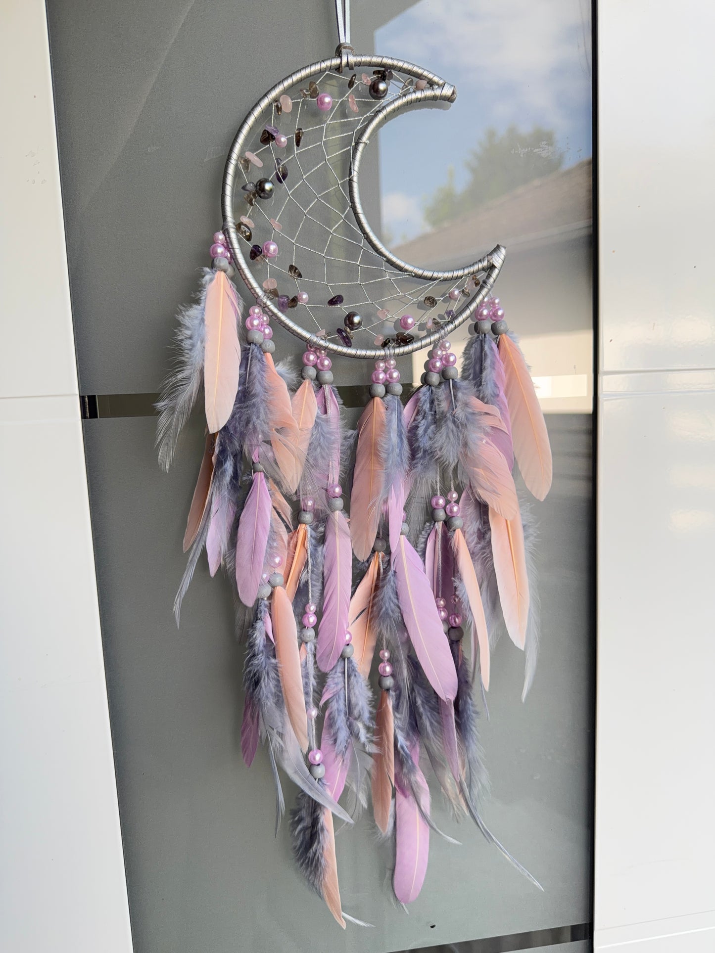 Sofortkauf Boho Mond Traumfänger Federn | Grau | Rosa | Pastell | Lebensbaum | Wandbehang