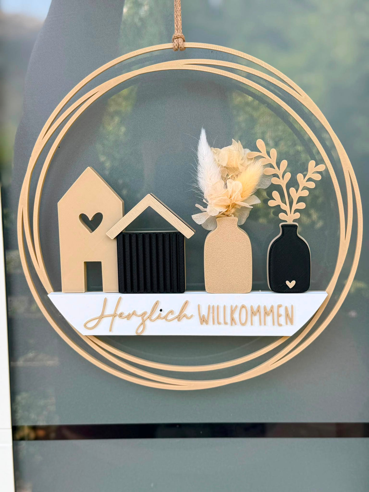 SOFORTKAUF Herzlich Willkommen BEIGE| Moderner Dekokranz mit Trockenblumen | hochwertig gefertigt aus PLA |Türkranz