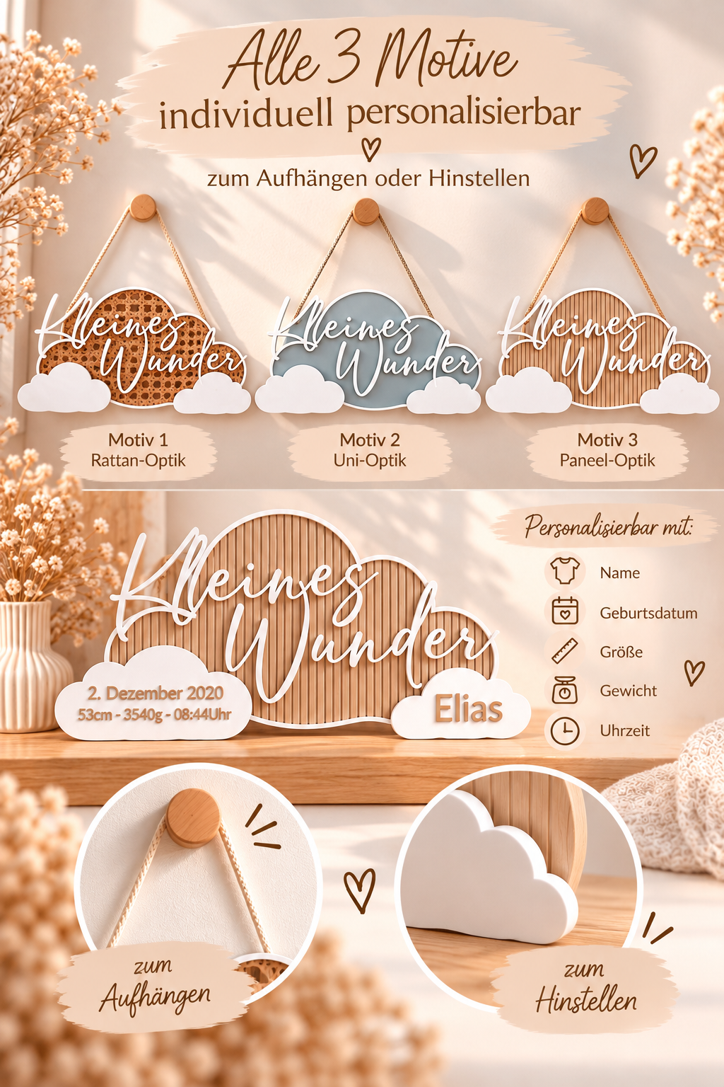 Personalisiertes Namensschild zur Geburt / Kleines Wunder / Wolke mit Geburtsdaten / Geburt / Taufe Geschenk