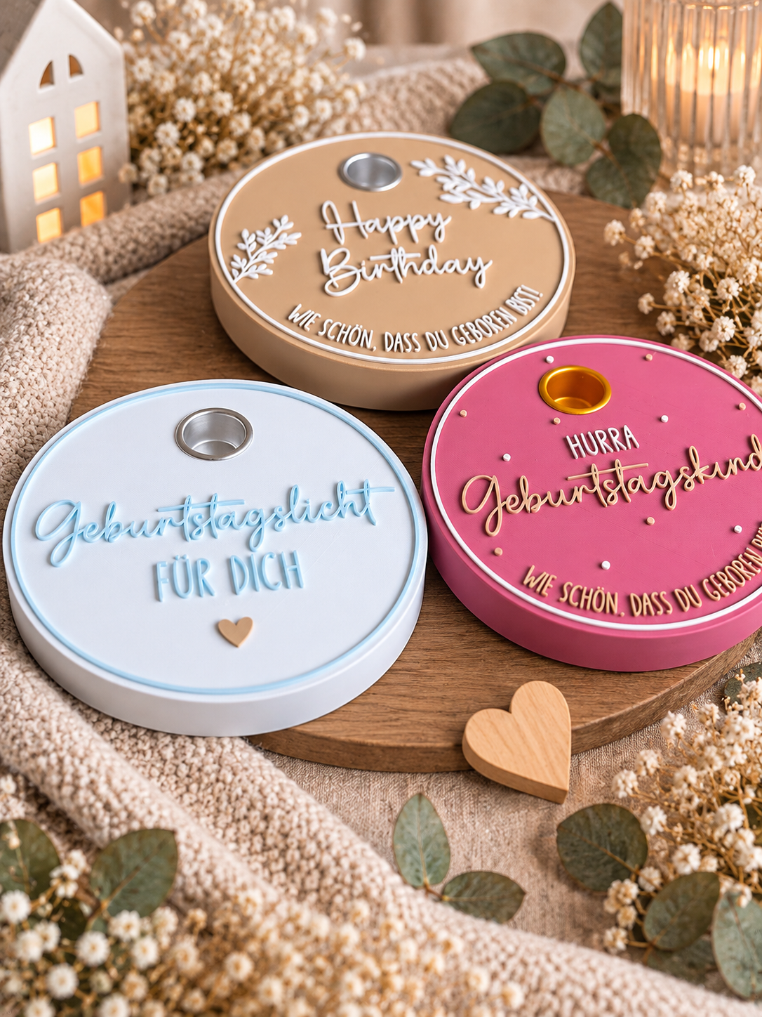 Geburtstagsteller mit Kerzenhalter | Geburtstagslicht | 3 Designs | Farben frei wählbar | Geburtstagsdeko