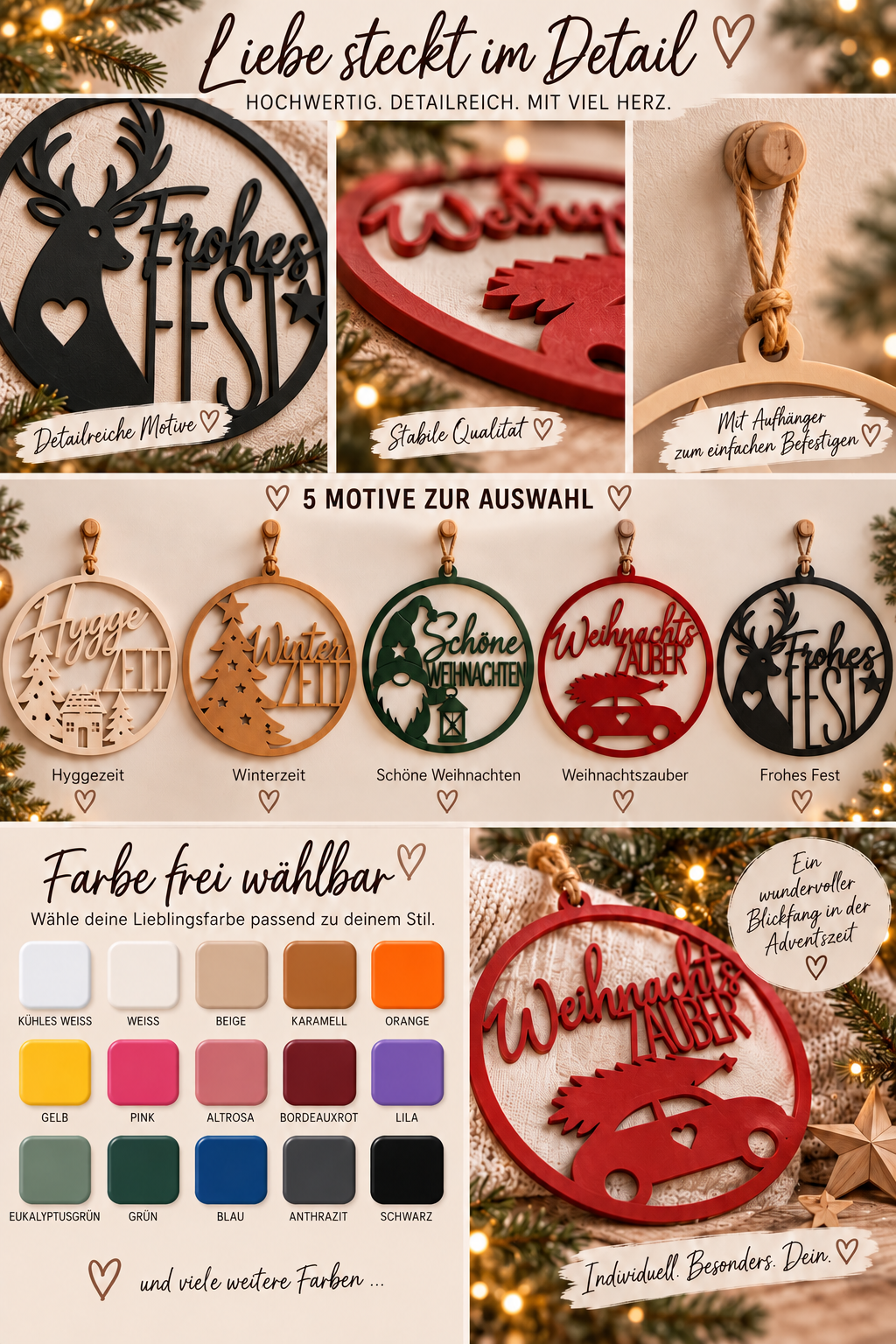 Weihnachtlicher Türkranz 21,5 cm | 3D-Druck Weihnachtsdeko | 5 Motive & Wunschfarbe | Tür- & Fensterdeko