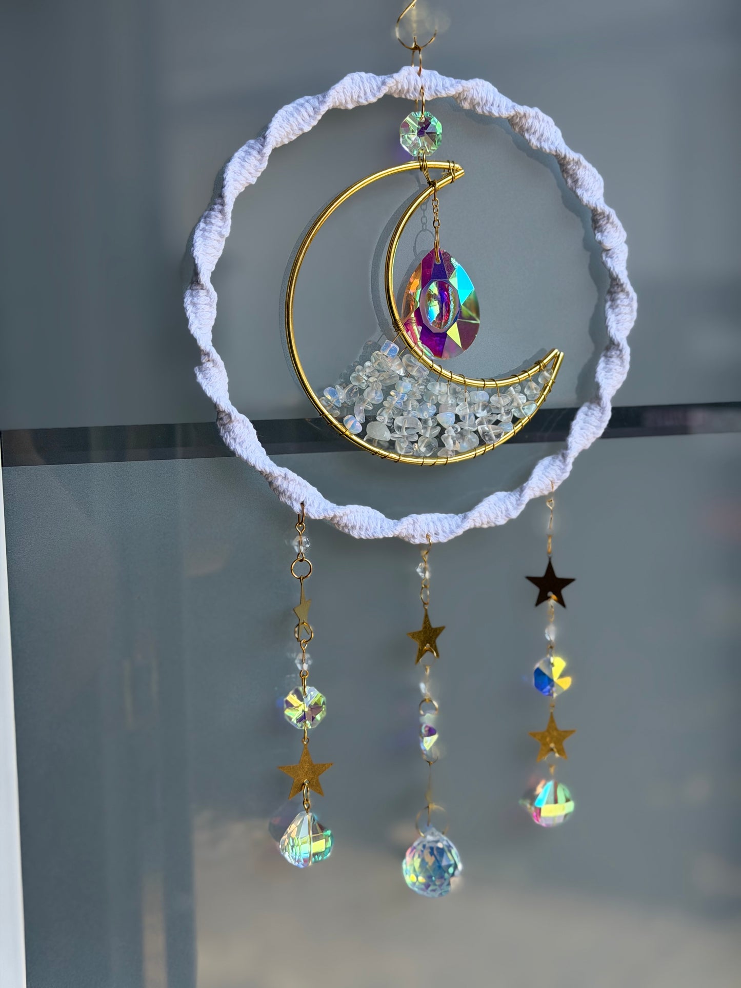 Sofortkauf Ring Mond Weiß Steine GOLD Sonnenfänger | Sonnencatcher Makramee