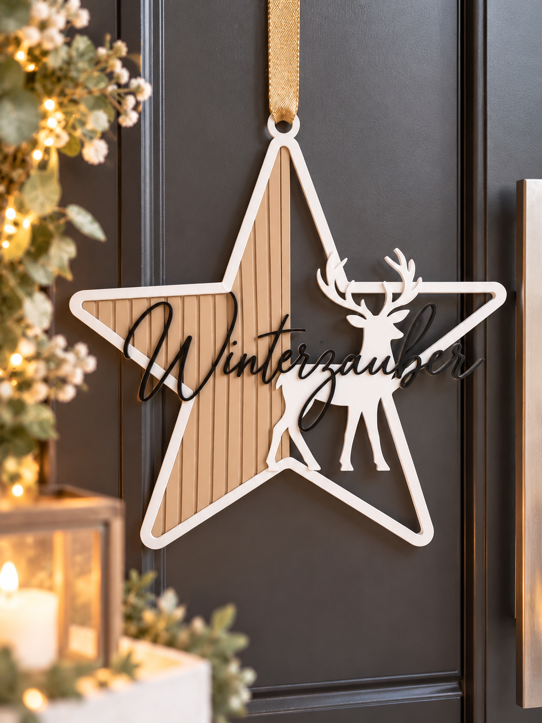 Sofortkauf ⭐ Winterzauber Stern mit Hirsch 🦌 | Weihnachtsdeko | Türkranz | Fensterdeko | Weiß Eiche-Sand Schwarz | 3D-Druck
