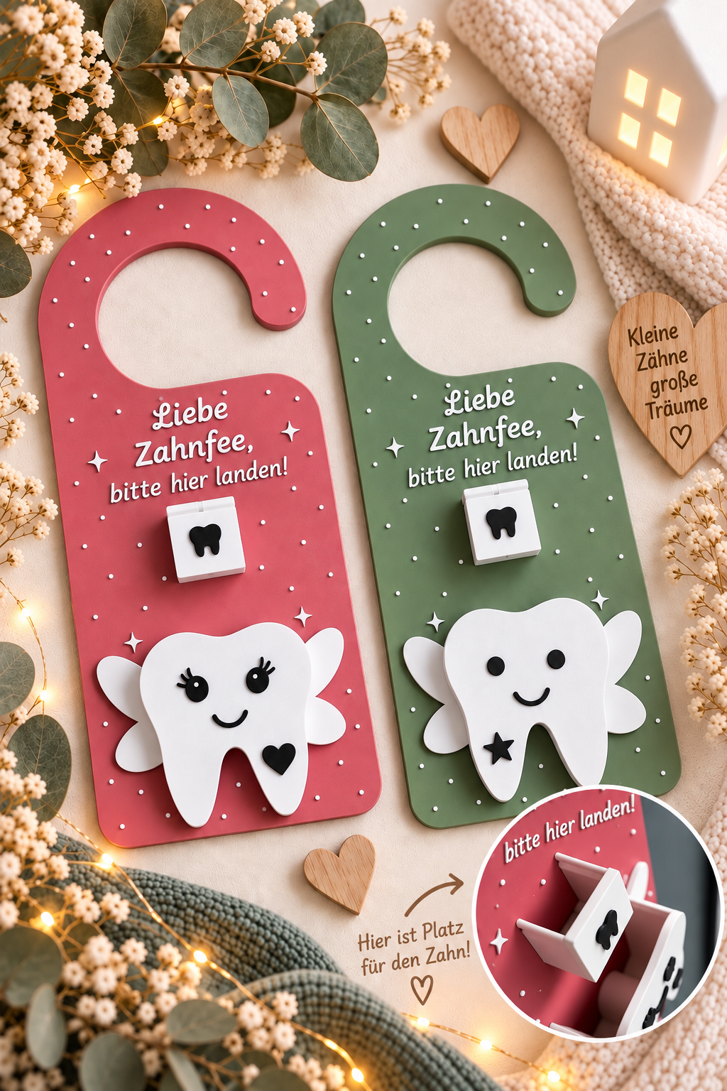 Zahnfee Türanhänger mit Zahnfach | Milchzahn-Aufbewahrung | Geschenk für Kinder | 3D-Druck