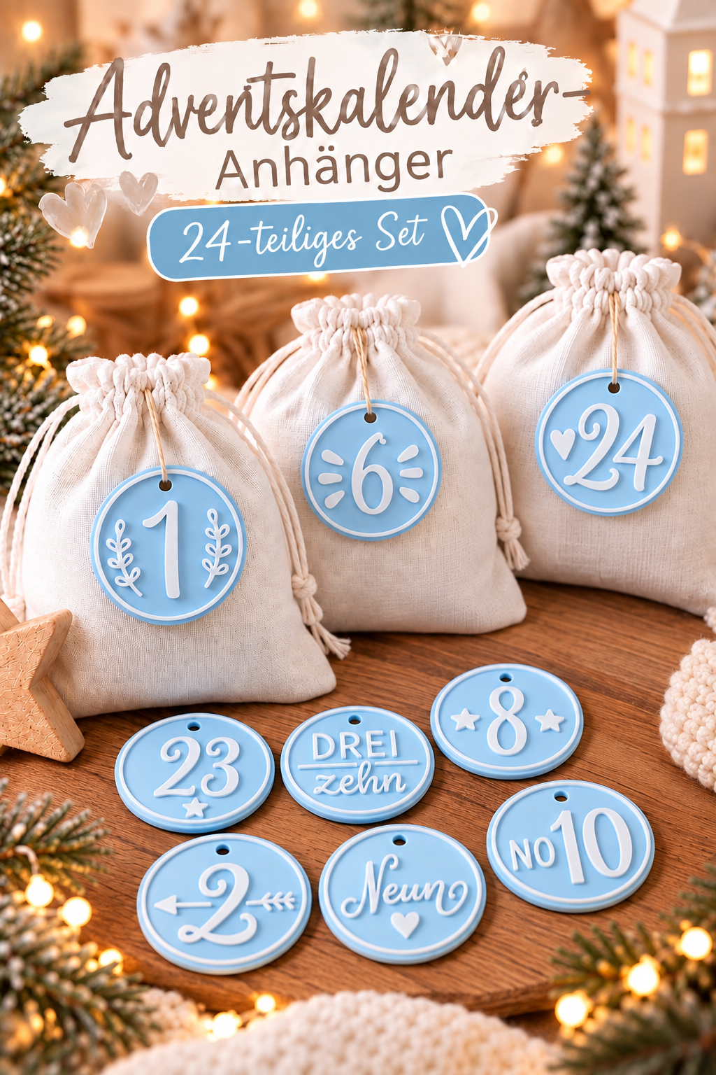Adventskalender Anhänger 1–24 | 24-teiliges Set | Adventskalenderzahlen | 3D-Druck | Farben frei wählbar | DIY Adventskalender
