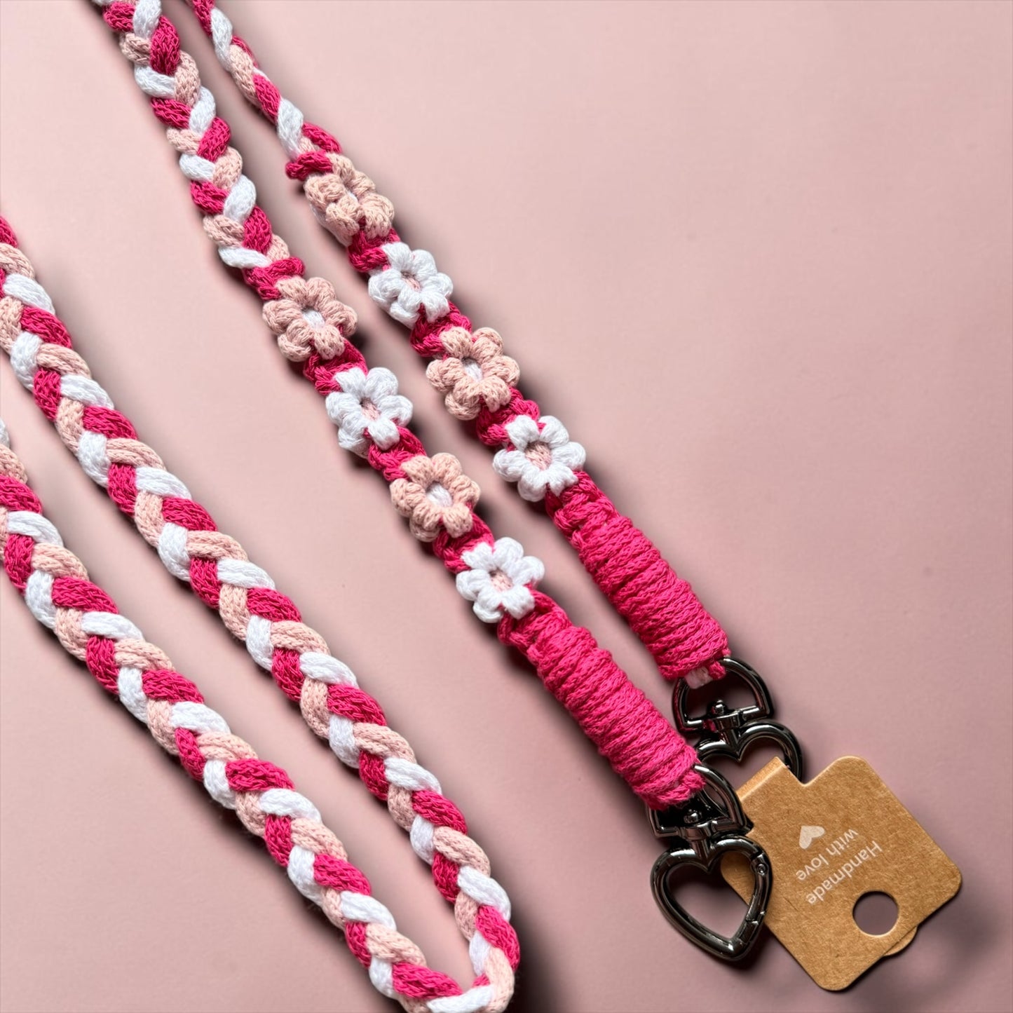 SOFORTKAUF Handykette Pink-Rosa-Weiß 150cm Blumen - GEFLOCHTEN | Schlüsselkette