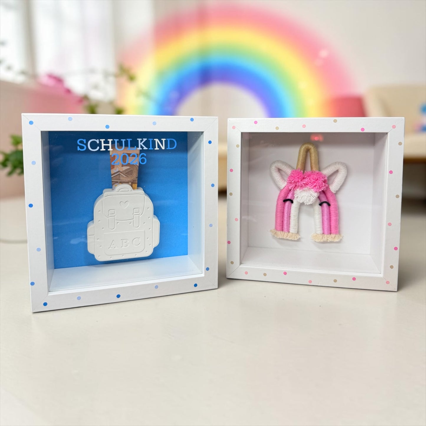 Spardose - Weiß | Einschulung | Geburt | Geldgeschenk | Rucksack Keraflott | Regenbogen | Tier | Schuldkind