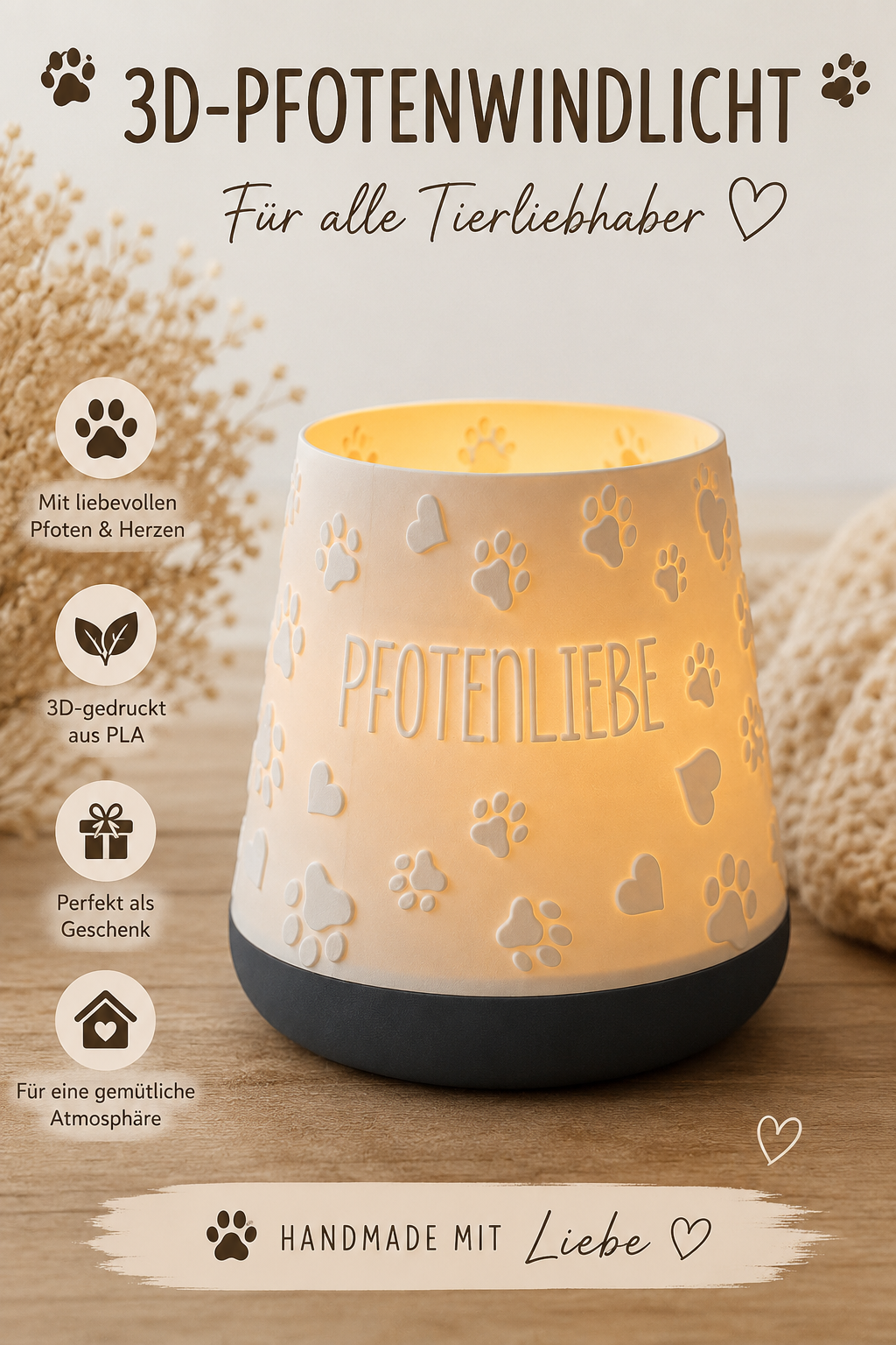 🐾 Windlicht „Pfotenliebe“ – Liebevolle Dekoration für Tierfreunde / LED Teelicht / hochwertig gefertigt aus PLA