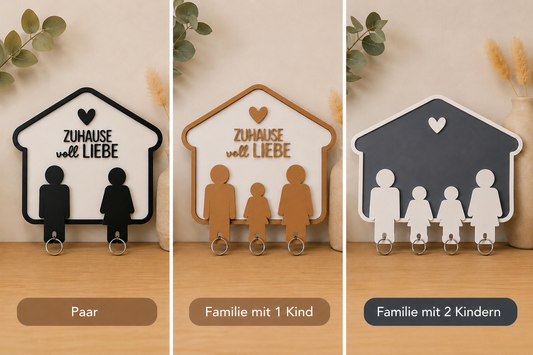 Schlüsselbrett „Zuhause voll Liebe“ |Schlüsselhalter für Paare & Familien | Wanddeko / Geschenk zum Einzug