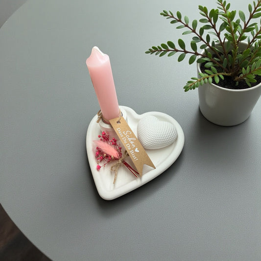 Geschenkset - Kerzenständer Herzform mit kleinem Herz & Kerze | Personslisiert