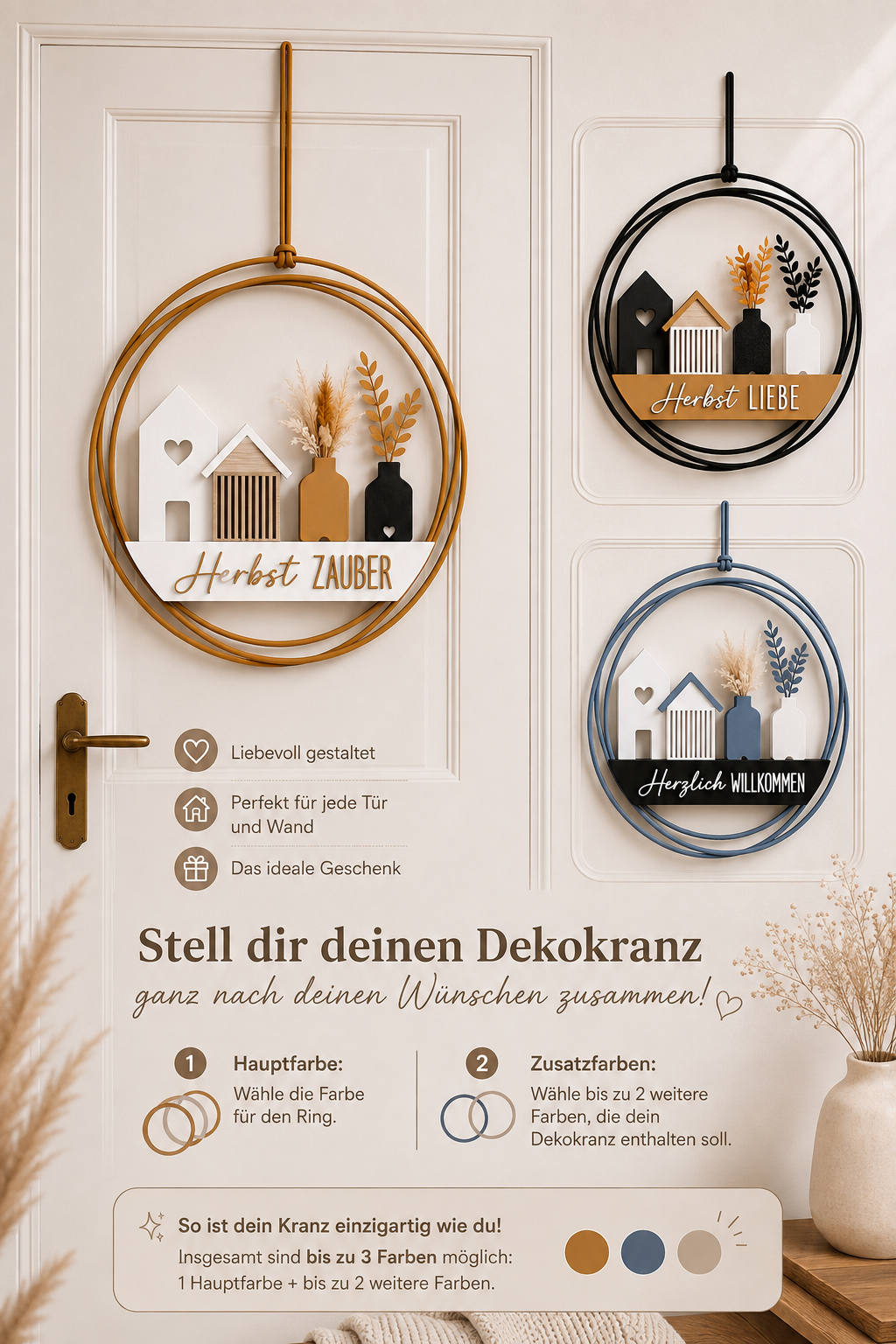 Herbst Liebe / Herbst Zauber |  Herzlich Willkommen - Moderner Dekokranz mit Trockenblumen | Türkranz - Farbe frei wählbar