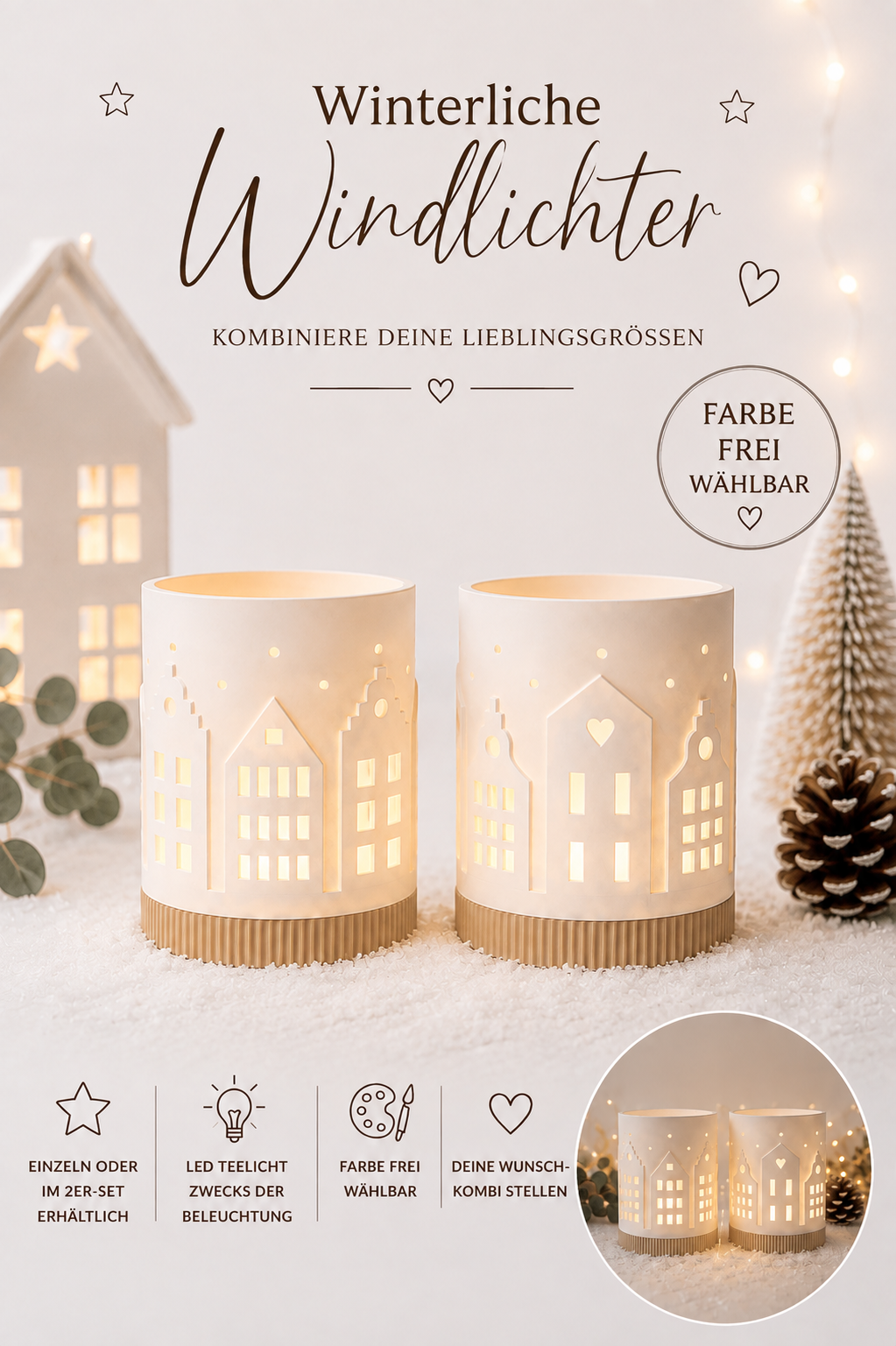 Windlichthaus – beleuchtete Winterdeko | Teelichthalter | 2er Set verfügbar