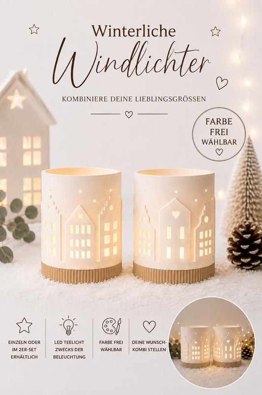 Windlichthaus – beleuchtete Winterdeko | Teelichthalter | 2er Set verfügbar