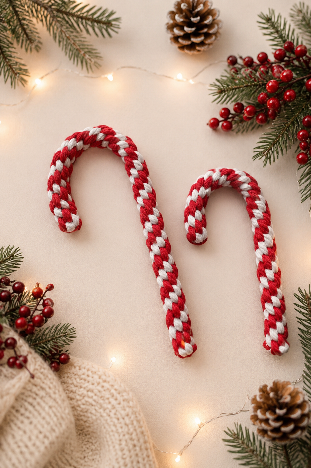 🍭 Handgefertigte Zuckerstangen – weihnachtliche Makramee-Dekoration