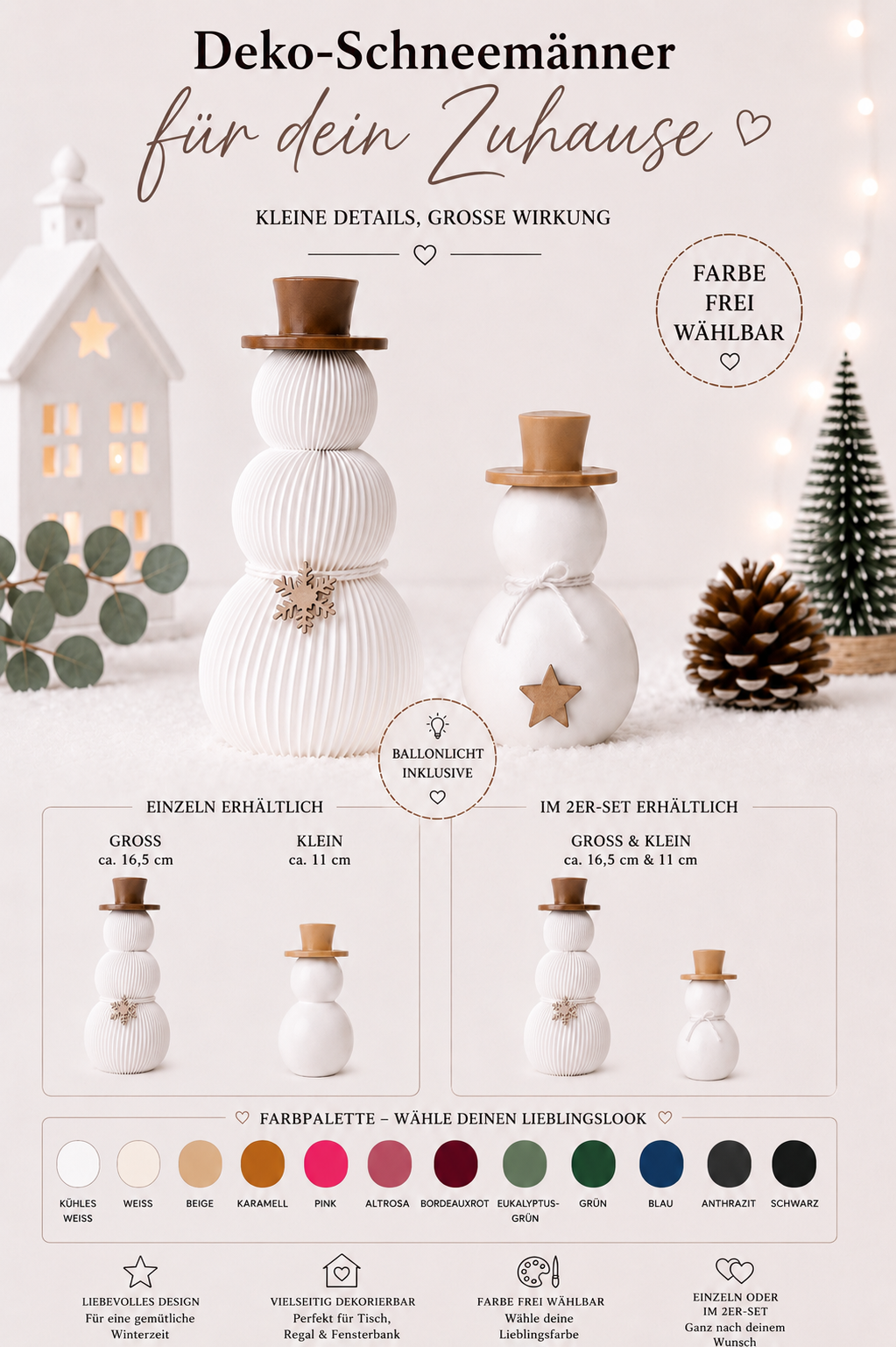 ⛄ Leucht-Schneemann – Weihnachtsdeko mit warmweißem Licht | Klein & Groß | 2er Set verfügbar | Ballonlicht inkl.