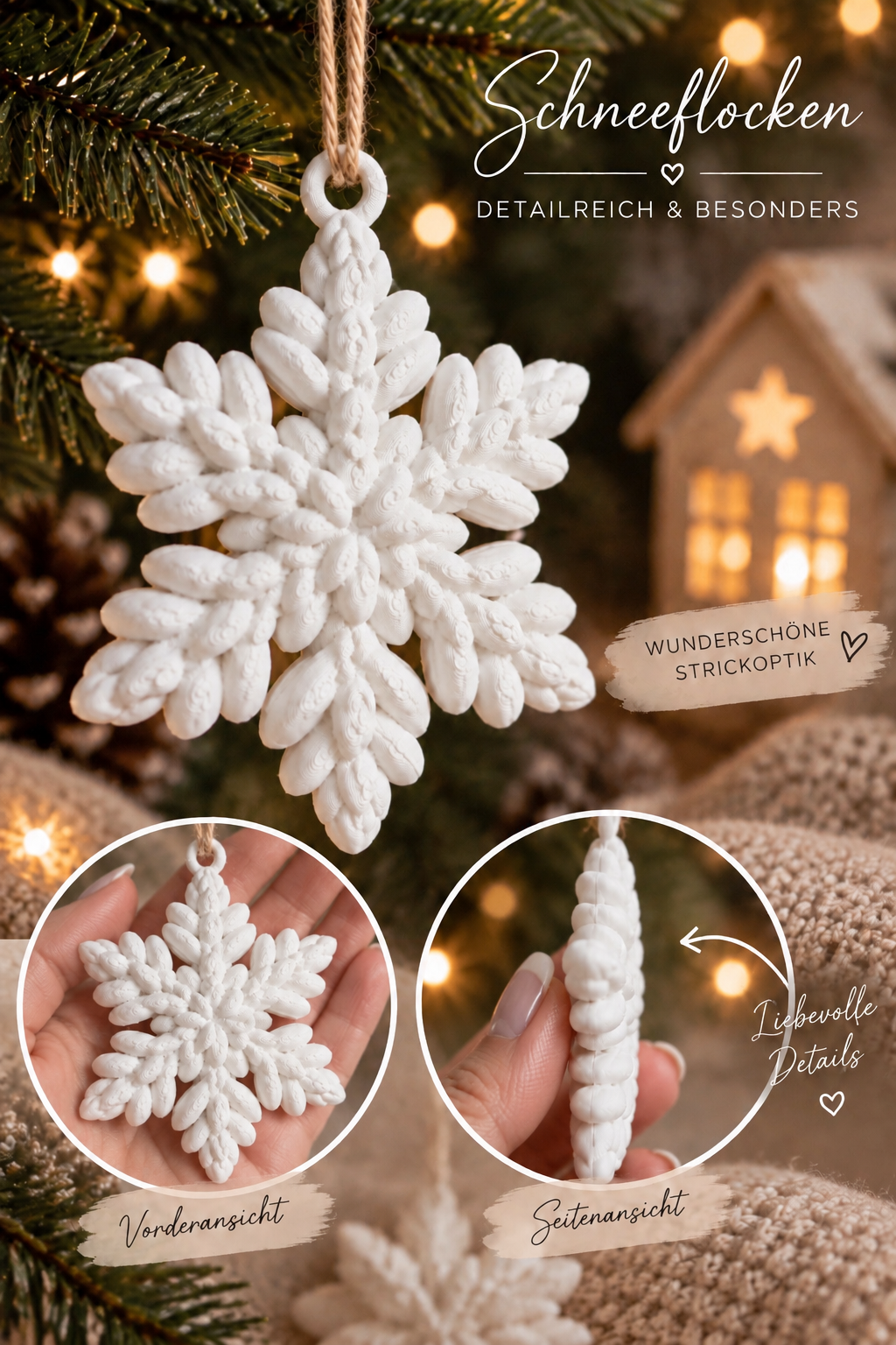 ❄️ Knitty Schneeflocken – winterliche Deko in wunderschöner Strickoptik | Weihnachtsbaumschmuck | Geschenkanhänger |