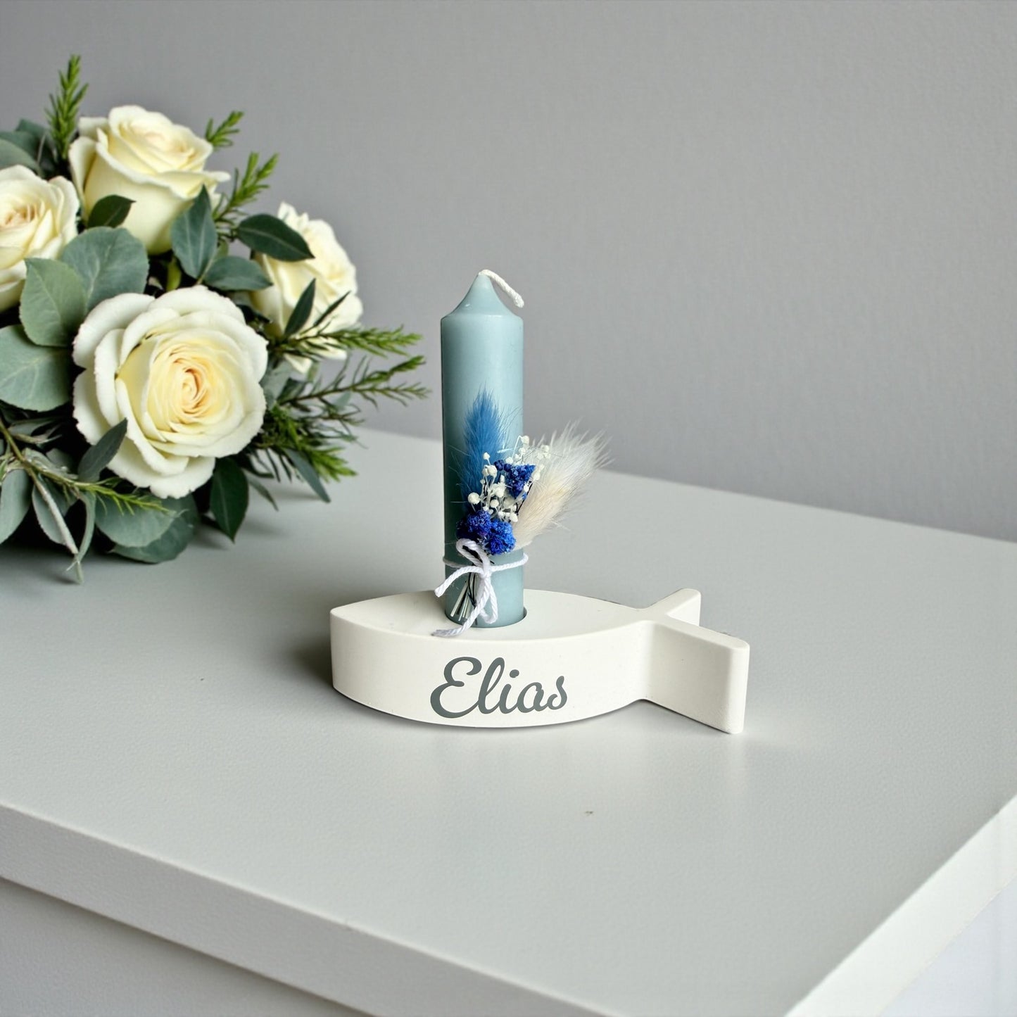 Geschenkset - Taufe / Kommunion / Konfirmation | Fisch - Kerzenhalter /Trockenblumen | Personalisiert