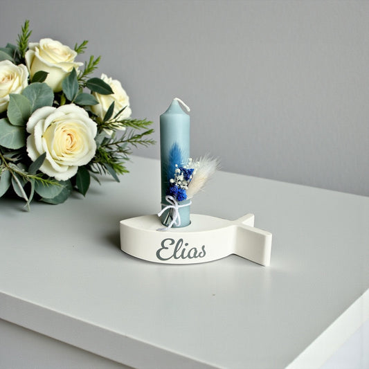 Geschenkset - Taufe / Kommunion / Konfirmation | Fisch - Kerzenhalter /Trockenblumen | Personalisiert