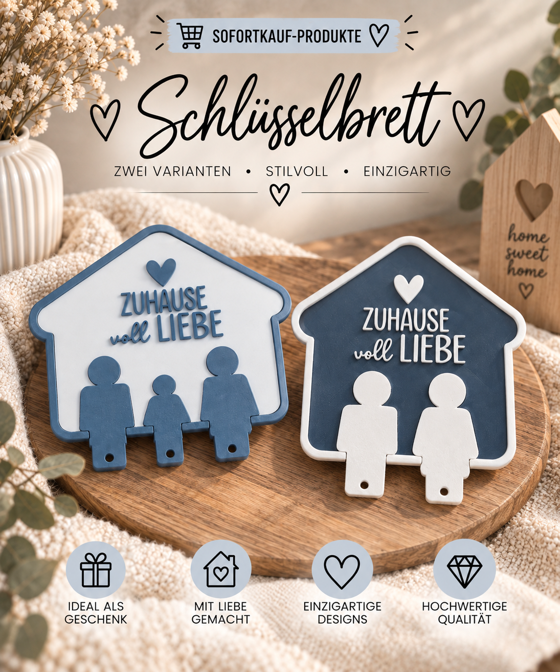 SOFORTKAUF Schlüsselbrett „Zuhause voll Liebe“ |Schlüsselhalter für Paare & Familien | Wanddeko / Geschenk zum Einzug