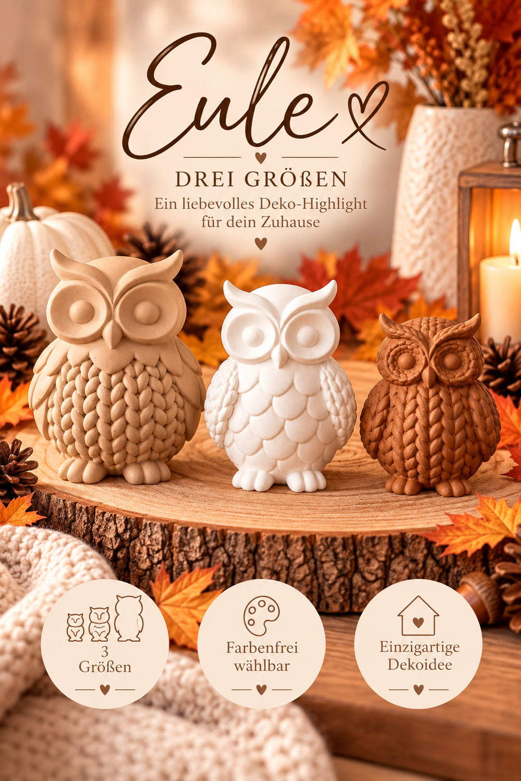 Eule Deko in Strickoptik | 3D-Druck | Herbstdeko | 3 Größen | Farben frei wählbar | Eulen Deko | Geschenkidee