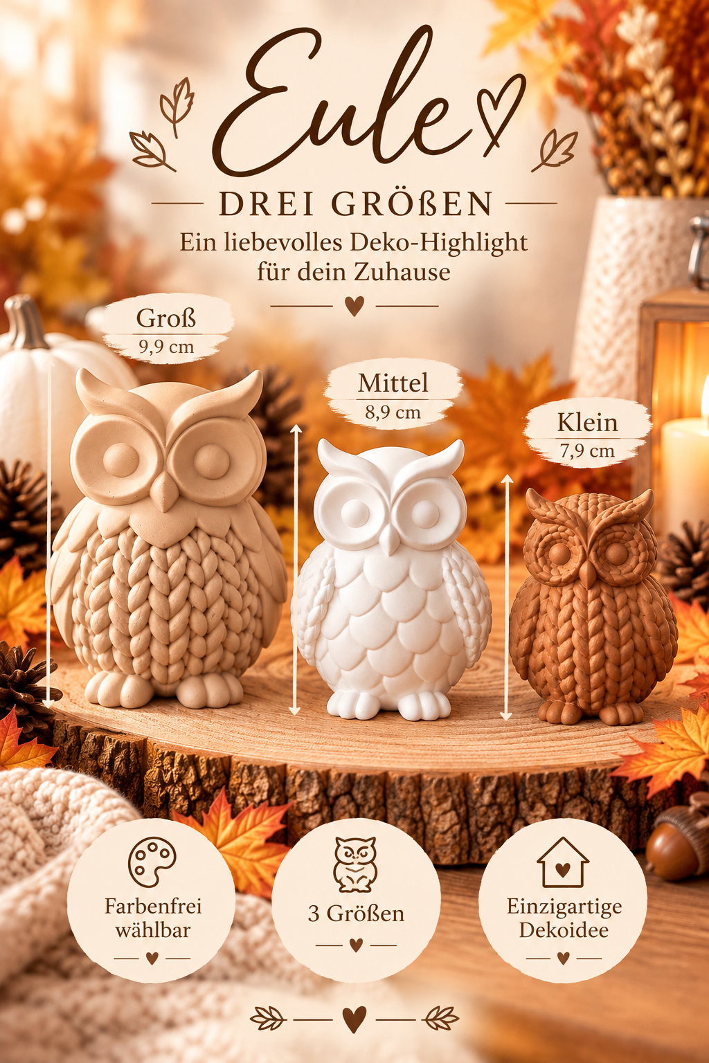 Eule Deko in Strickoptik | 3D-Druck | Herbstdeko | 3 Größen | Farben frei wählbar | Eulen Deko | Geschenkidee