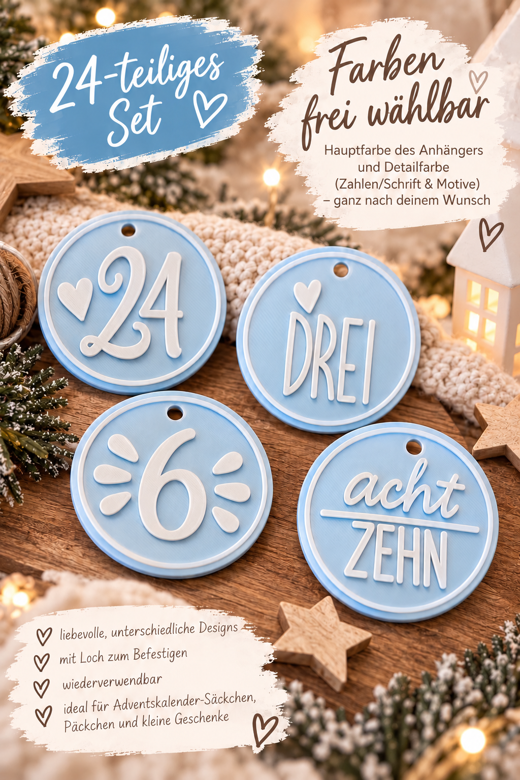 Adventskalender Anhänger 1–24 | 24-teiliges Set | Adventskalenderzahlen | 3D-Druck | Farben frei wählbar | DIY Adventskalender