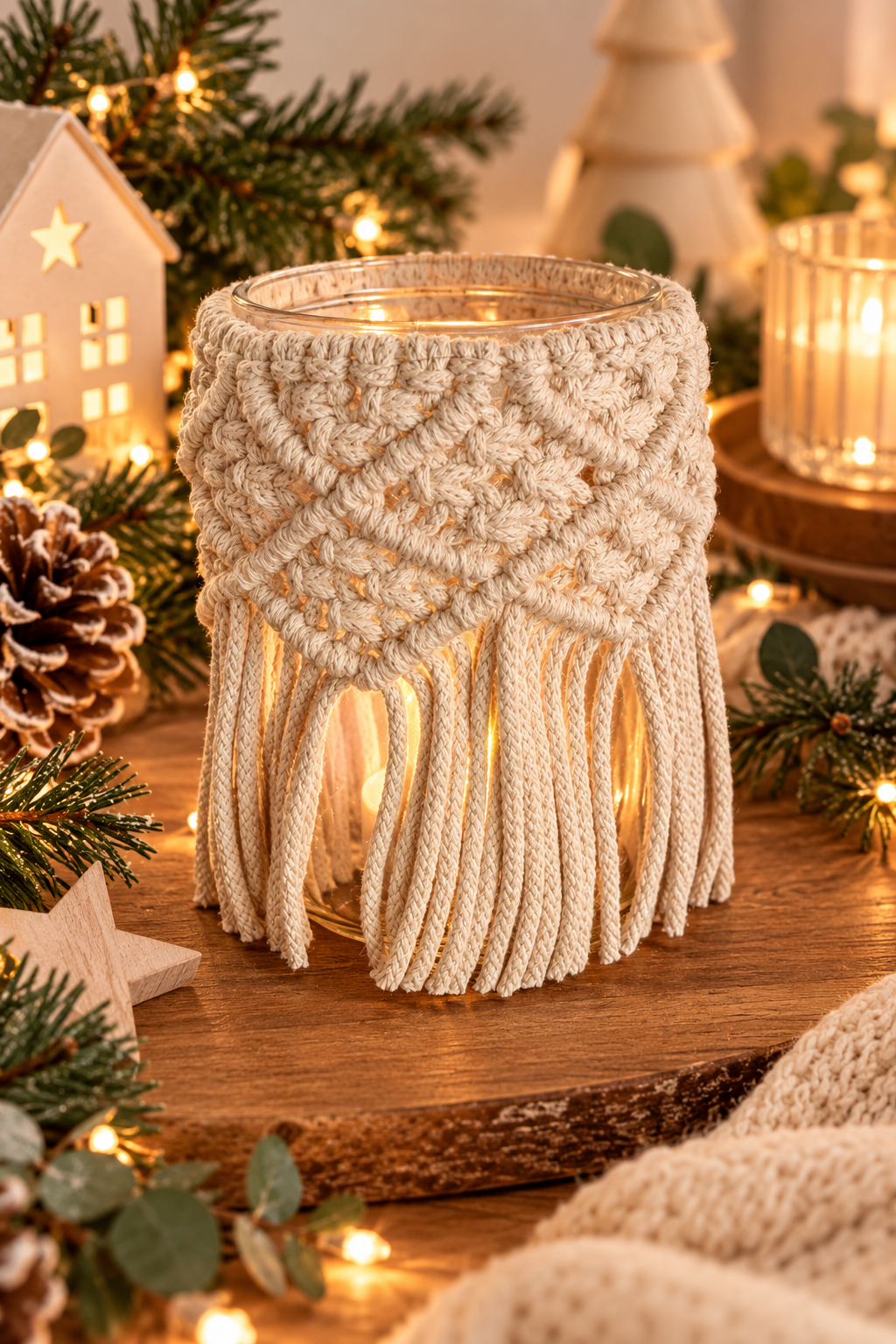 Sofortkauf Beige Makramee Windlicht | Wohn - Accessoires | Hochzeit | Camping | Kordel & Makramee | Boho Deko | Kerzenhalter / Weihnachtlich